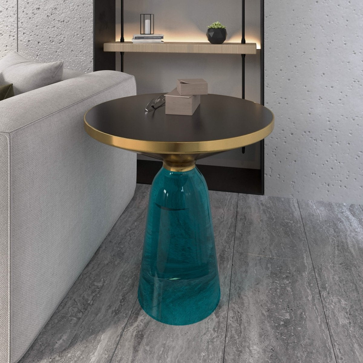 Tully 19 - Inch Round Glass/Stone Side Table with Iron Rim Frame and Glass Base