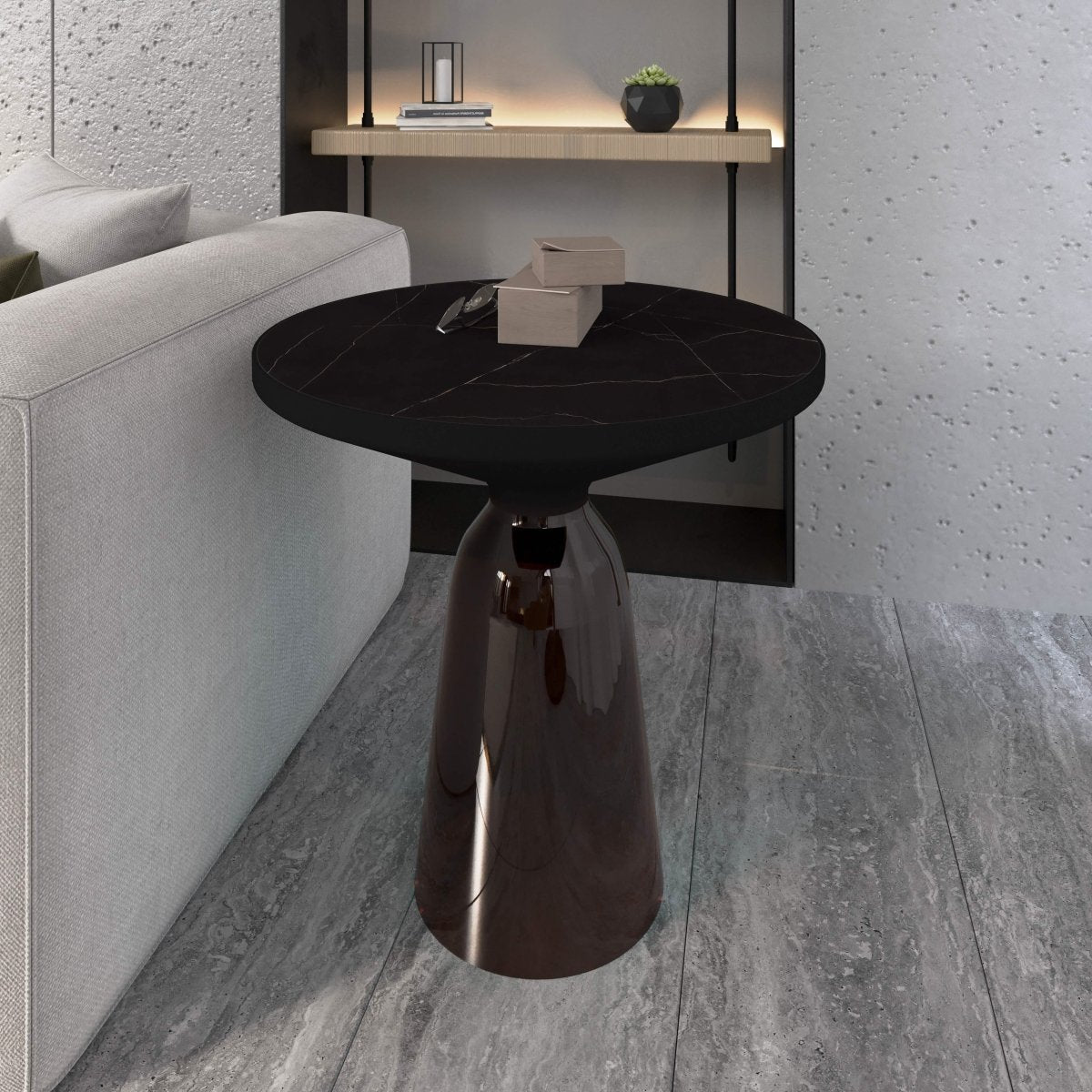 Tully 19 - Inch Round Glass/Stone Side Table with Iron Rim Frame and Glass Base