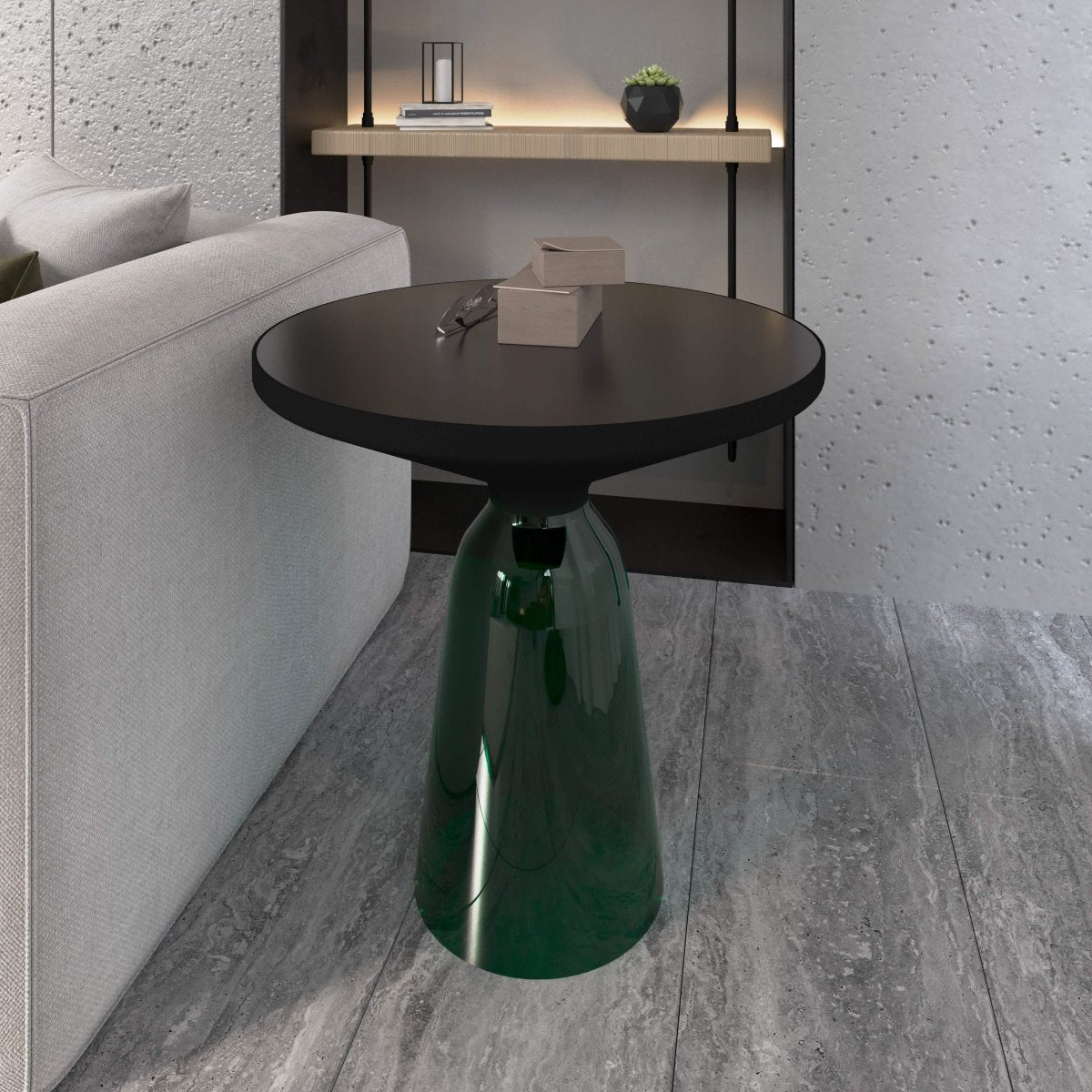 Tully 19 - Inch Round Glass/Stone Side Table with Iron Rim Frame and Glass Base