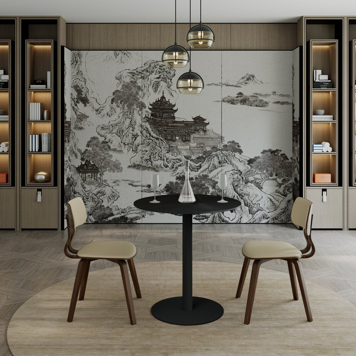 Vail Collection Dining Table Black Base With 27"/36" Round Black MDF Wood/Sintered Stone Top