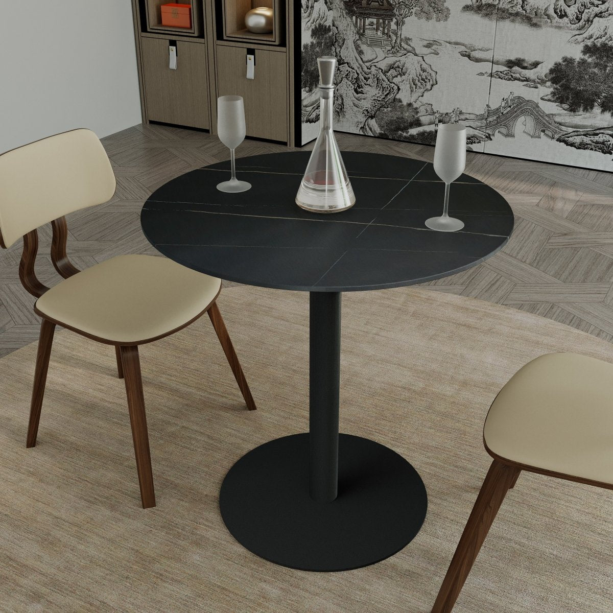 Vail Collection Dining Table Black Base With 27"/36" Round Black MDF Wood/Sintered Stone Top