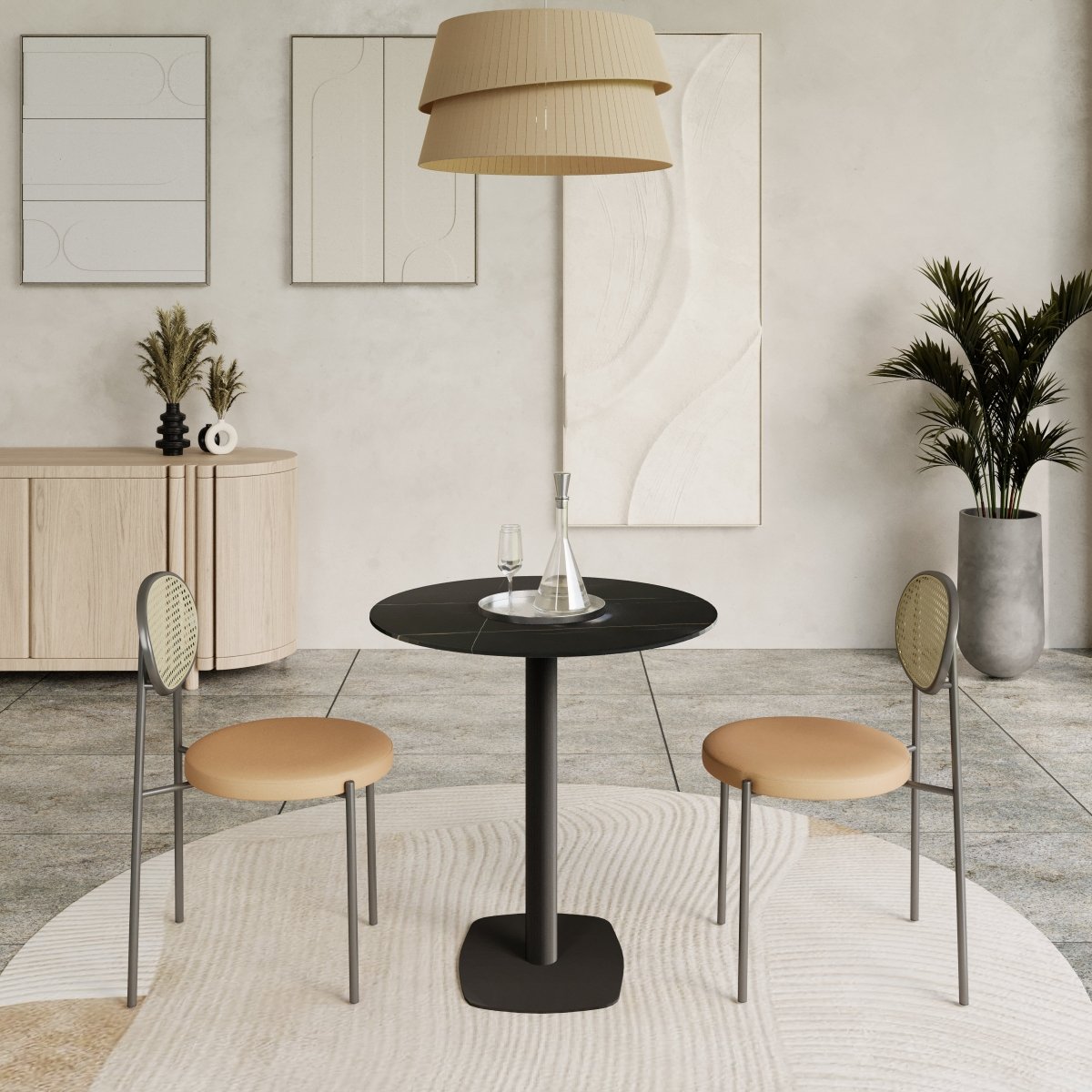 Vail Collection Dining Table Black Rectangle Base With 27"/36" Round Dark Brown MDF Wood/Sintered Stone Top