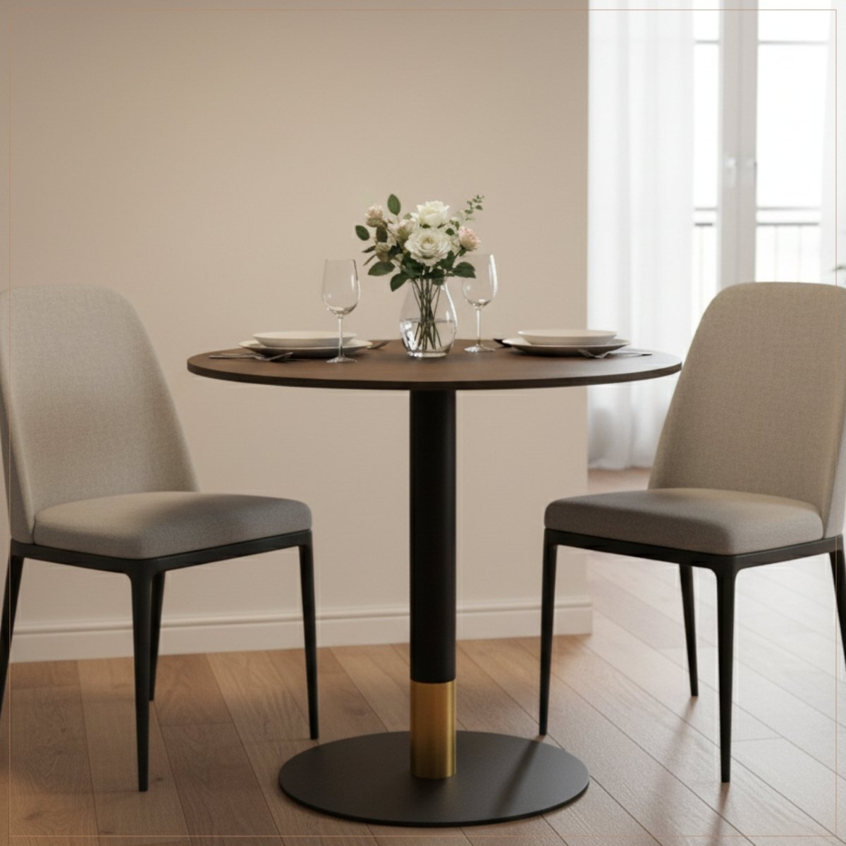 Vail Collection Dining Table Black/Gold Round Base With 27"/36" Round Sintered Stone and MDF Wood Top