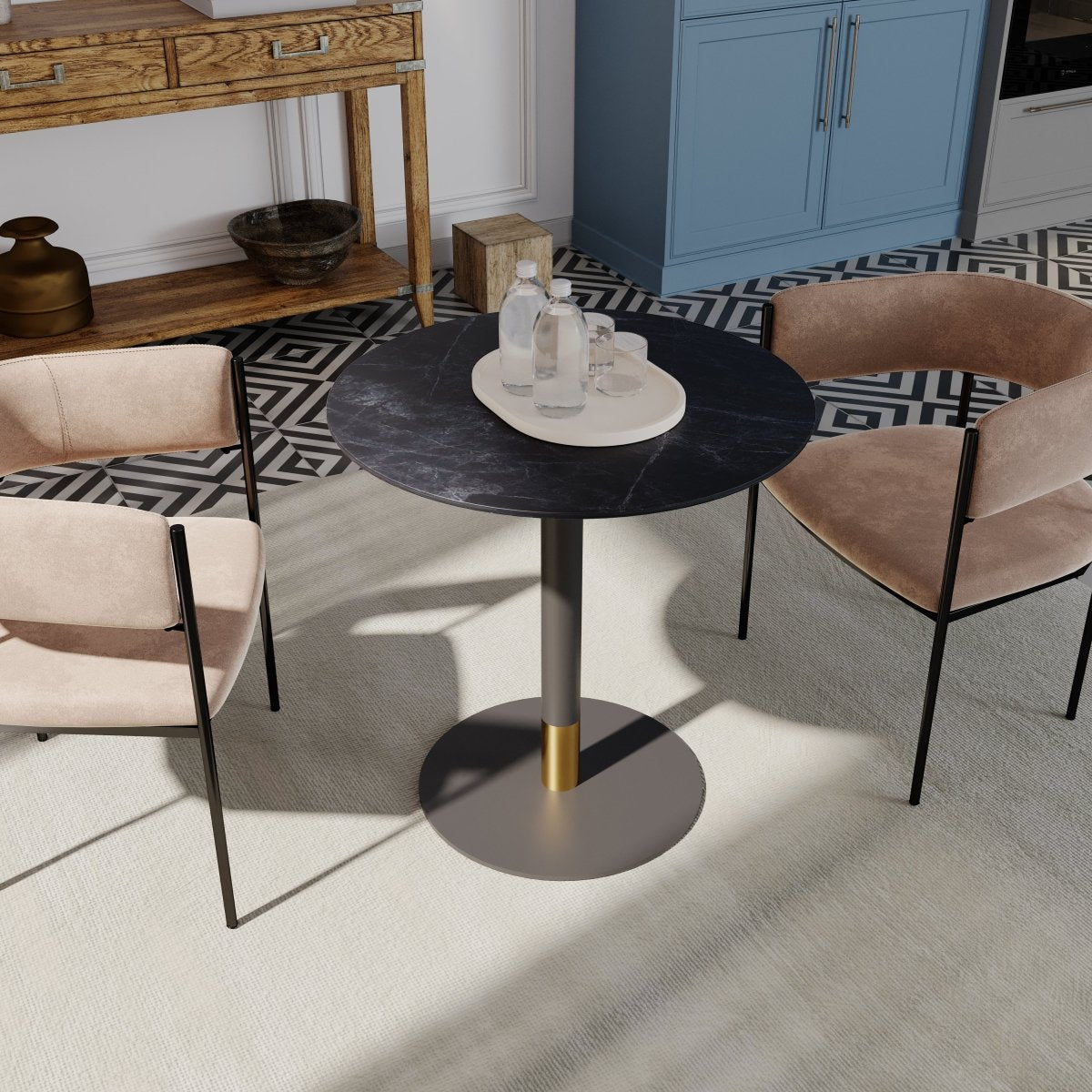 Vail Collection Dining Table Black/Gold Round Base With 27"/36" Round Sintered Stone and MDF Wood Top