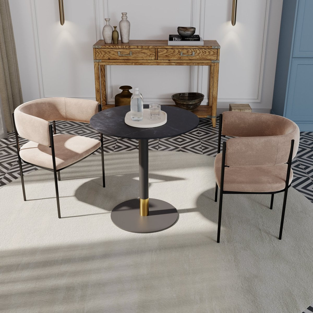 Vail Collection Dining Table Black/Gold Round Base With 27"/36" Round Sintered Stone and MDF Wood Top