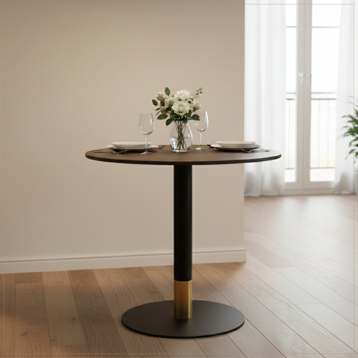 Vail Collection Dining Table Black/Gold Round Base With 27"/36" Round Sintered Stone and MDF Wood Top