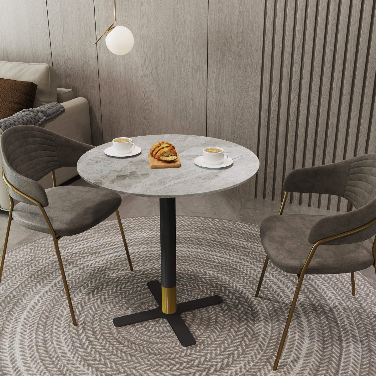 Vail Collection Dining Table Black/Gold X Base With 27"/36" Round BLack Stone Top
