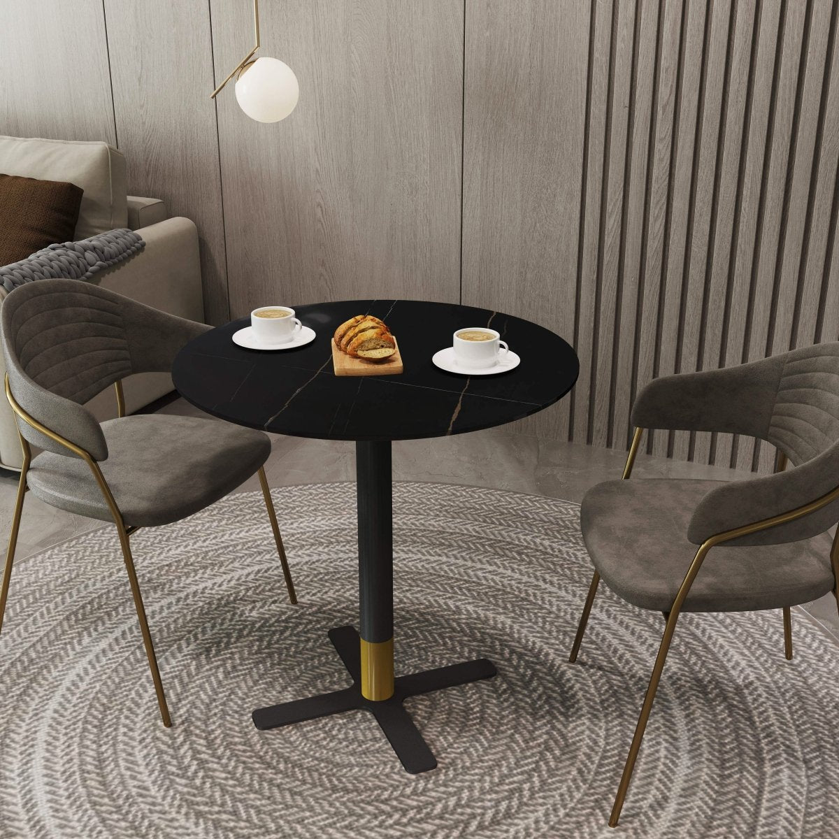 Vail Collection Dining Table Black/Gold X Base With 27"/36" Round BLack Stone Top