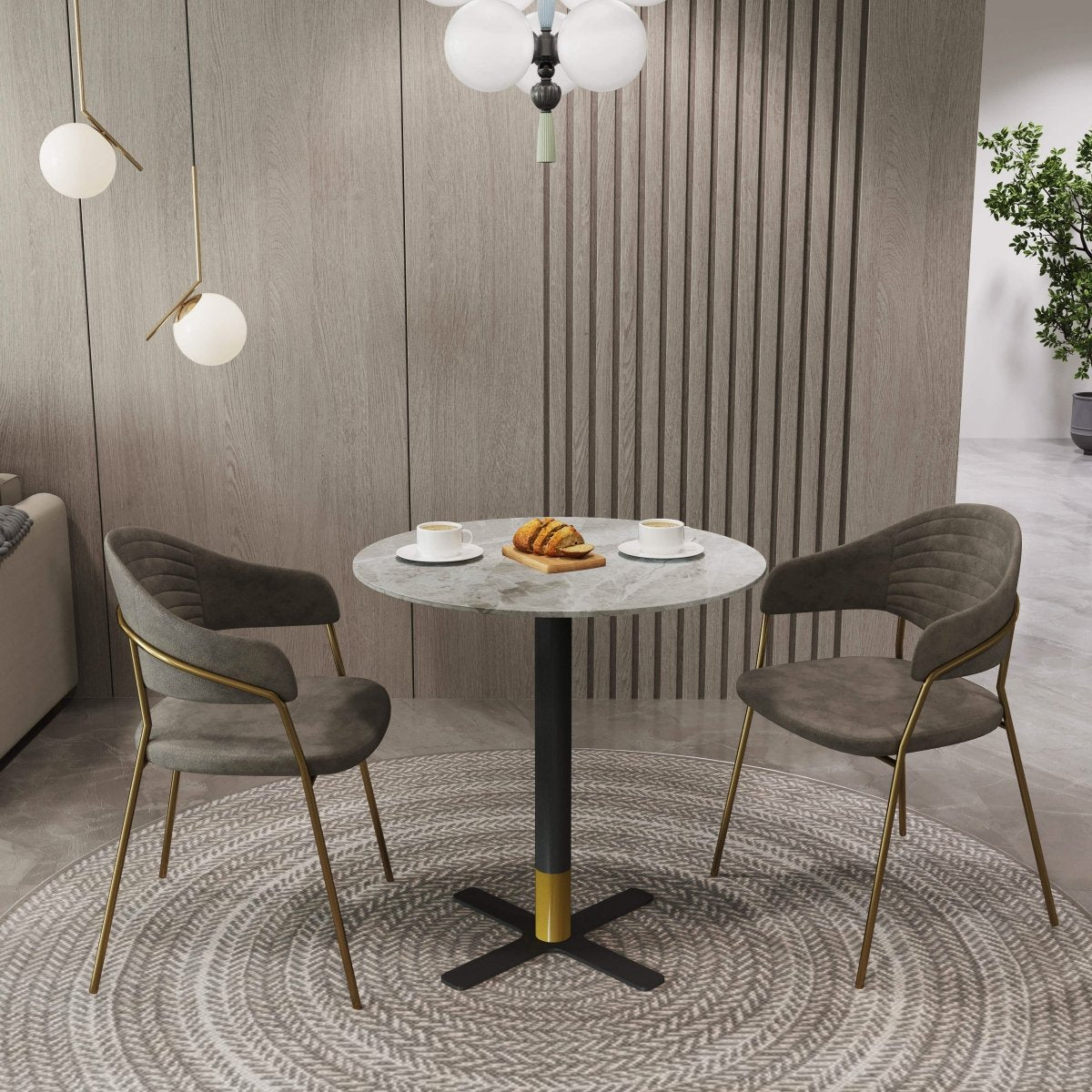 Vail Collection Dining Table Black/Gold X Base With 27"/36" Round BLack Stone Top
