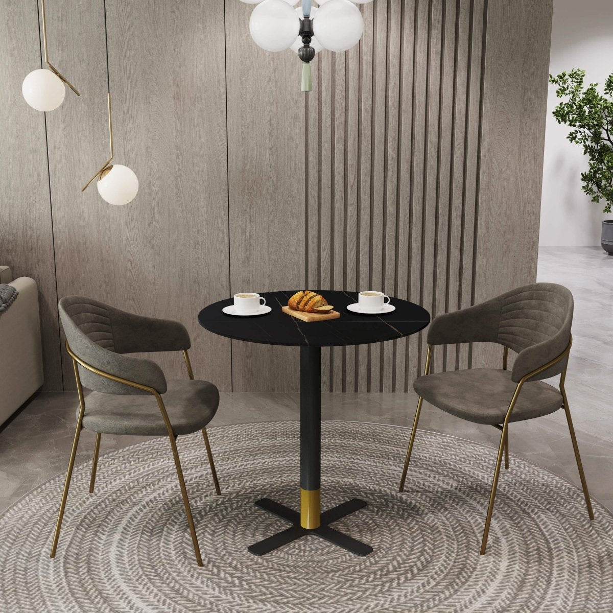 Vail Collection Dining Table Black/Gold X Base With 27"/36" Round BLack Stone Top