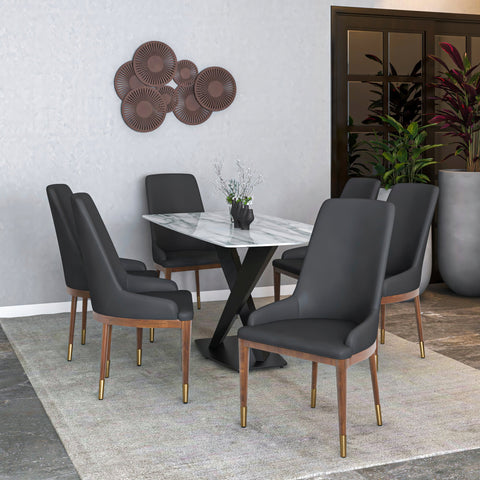 Viva Dining Side Chair Upholstered in Leather with Brown Rubberwood Legs