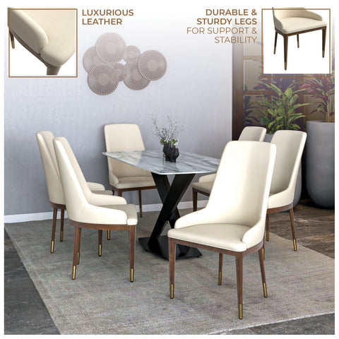 Viva Dining Side Chair Upholstered in Leather with Brown Rubberwood Legs