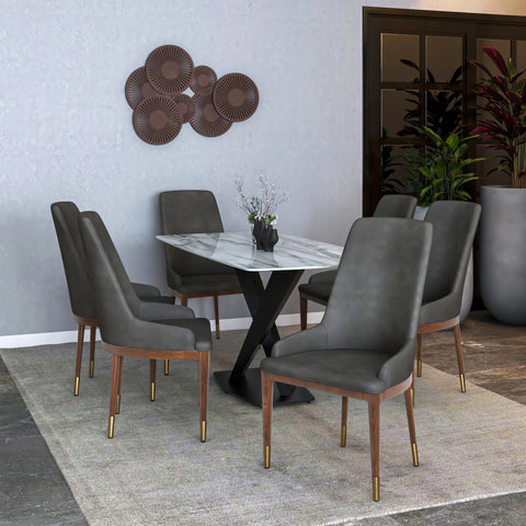 Viva Dining Side Chair Upholstered in Leather with Brown Rubberwood Legs