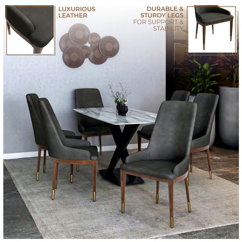 Viva Dining Side Chair Upholstered in Leather with Brown Rubberwood Legs