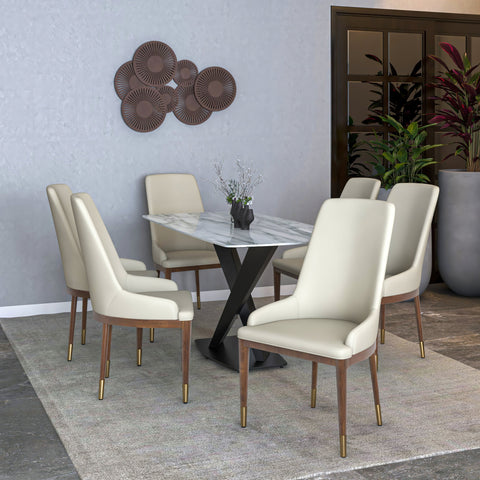 Viva Dining Side Chair Upholstered in Leather with Brown Rubberwood Legs