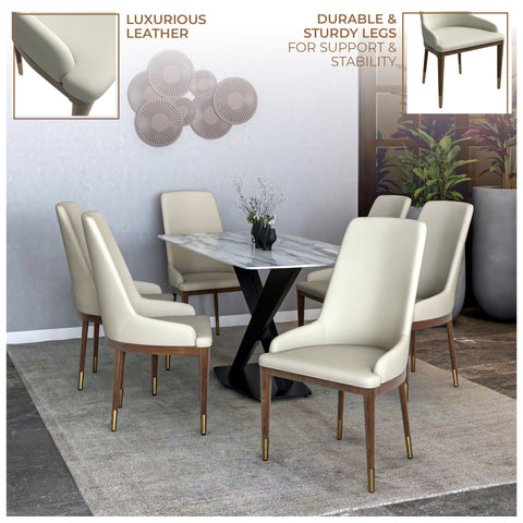 Viva Dining Side Chair Upholstered in Leather with Brown Rubberwood Legs