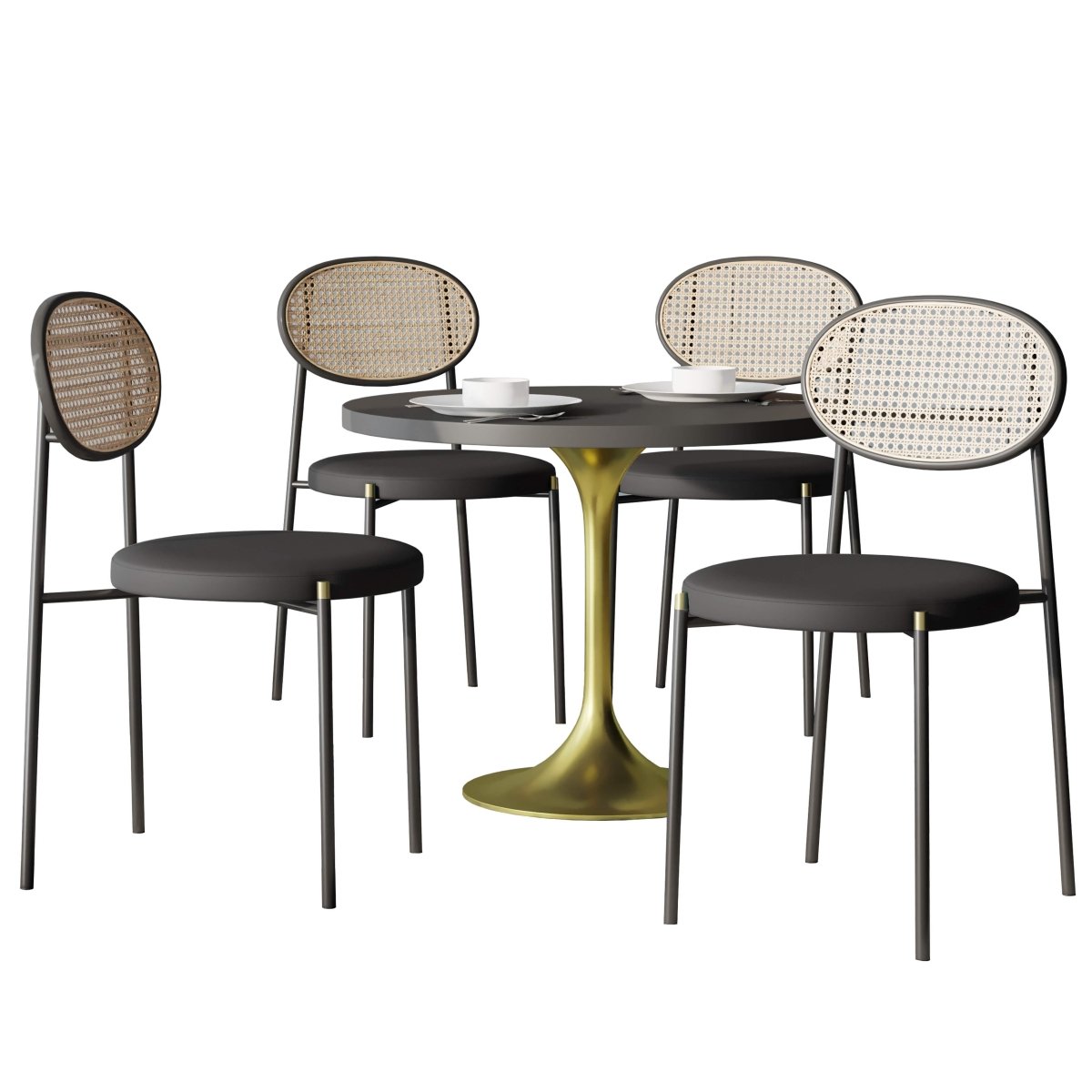 Verve 5 - Piece Dining Set with 36" Round Dining Table Black MDF Top and Gold Base with 4 Velvet Dining Chairs in Black Steel Legs