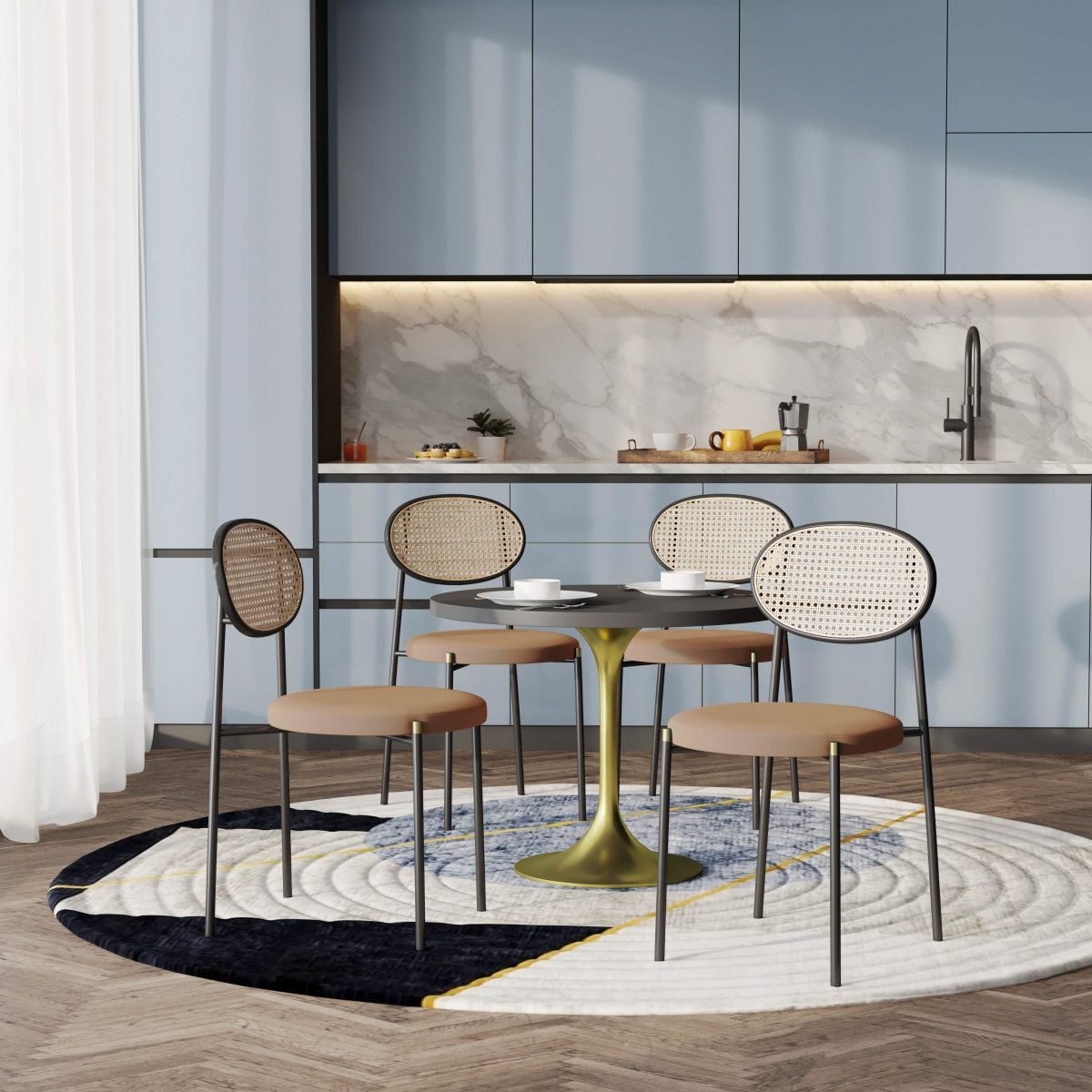 Verve 5 - Piece Dining Set with 36" Round Dining Table Black MDF Top and Gold Base with 4 Velvet Dining Chairs in Black Steel Legs