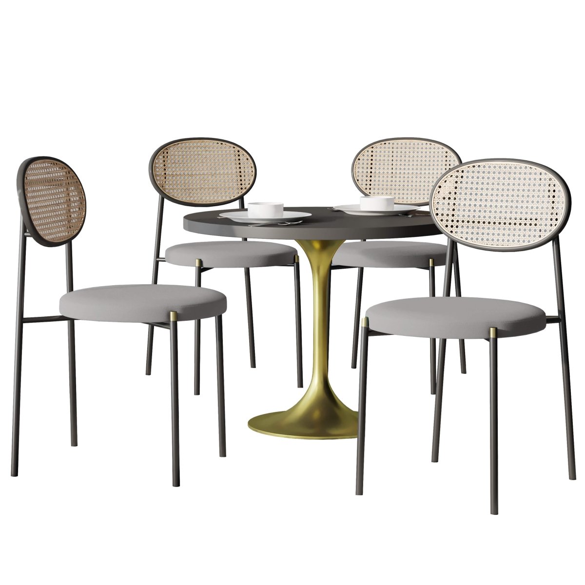 Verve 5 - Piece Dining Set with 36" Round Dining Table Black MDF Top and Gold Base with 4 Velvet Dining Chairs in Black Steel Legs