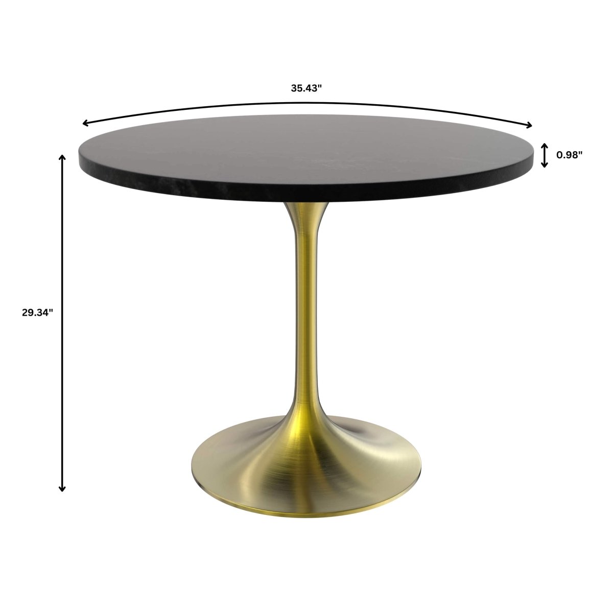 Verve 5 - Piece Dining Set with 36" Round Dining Table Black MDF Top and Gold Base with 4 Velvet Dining Chairs in Black Steel Legs