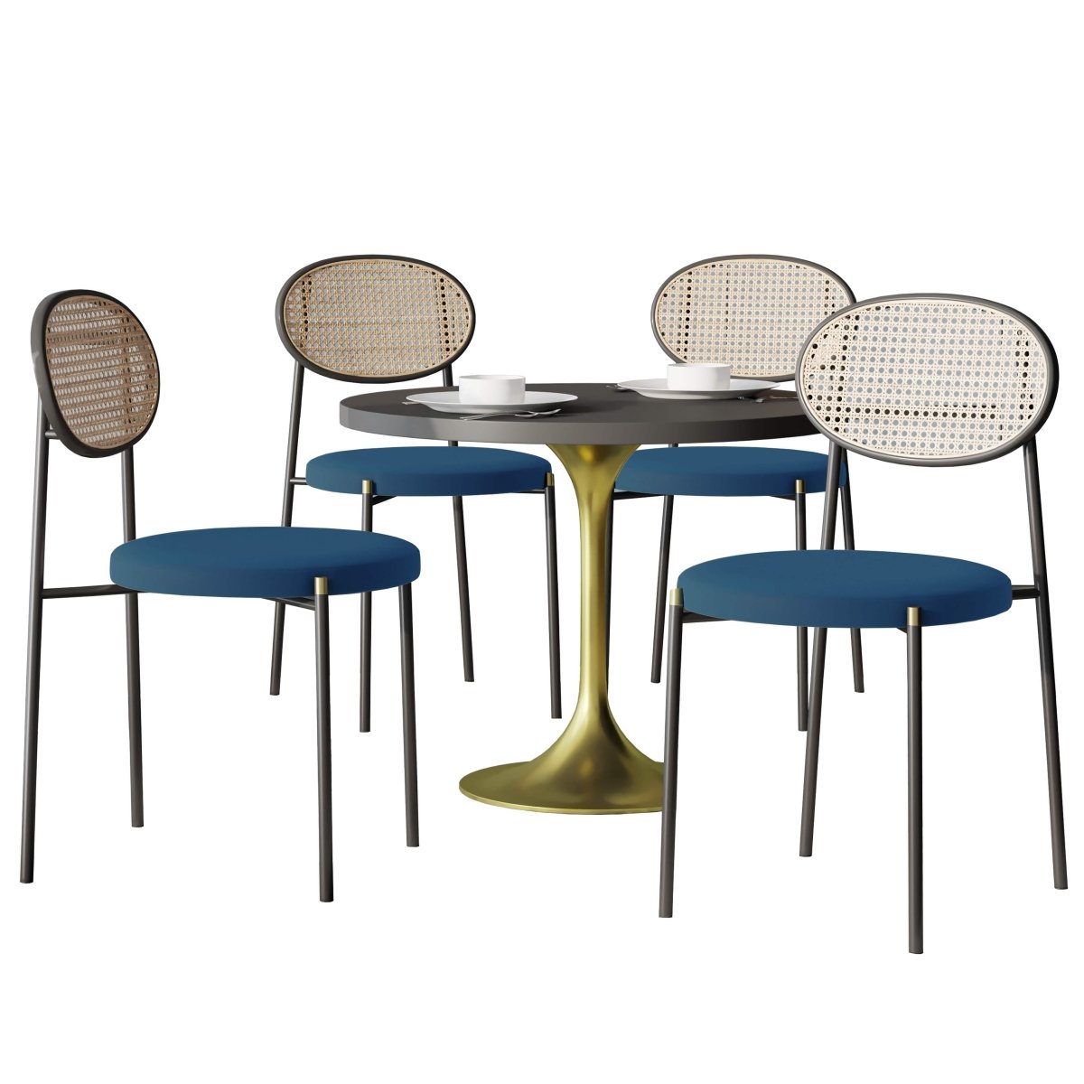 Verve 5 - Piece Dining Set with 36" Round Dining Table Black MDF Top and Gold Base with 4 Velvet Dining Chairs in Black Steel Legs