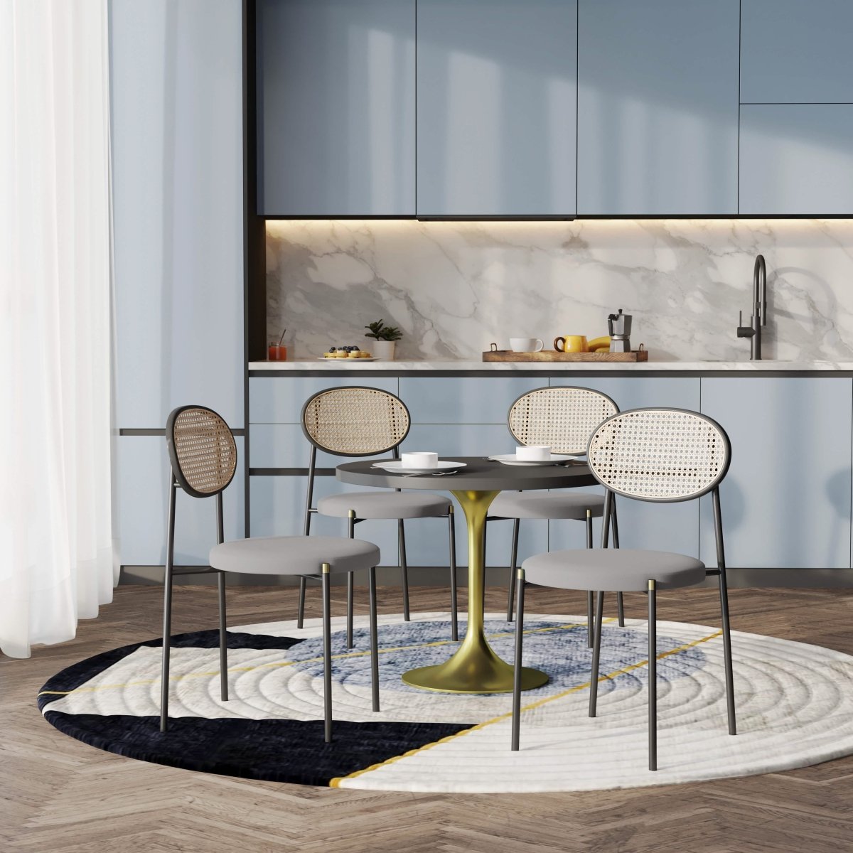 Verve 5 - Piece Dining Set with 36" Round Dining Table Black MDF Top and Gold Base with 4 Velvet Dining Chairs in Black Steel Legs