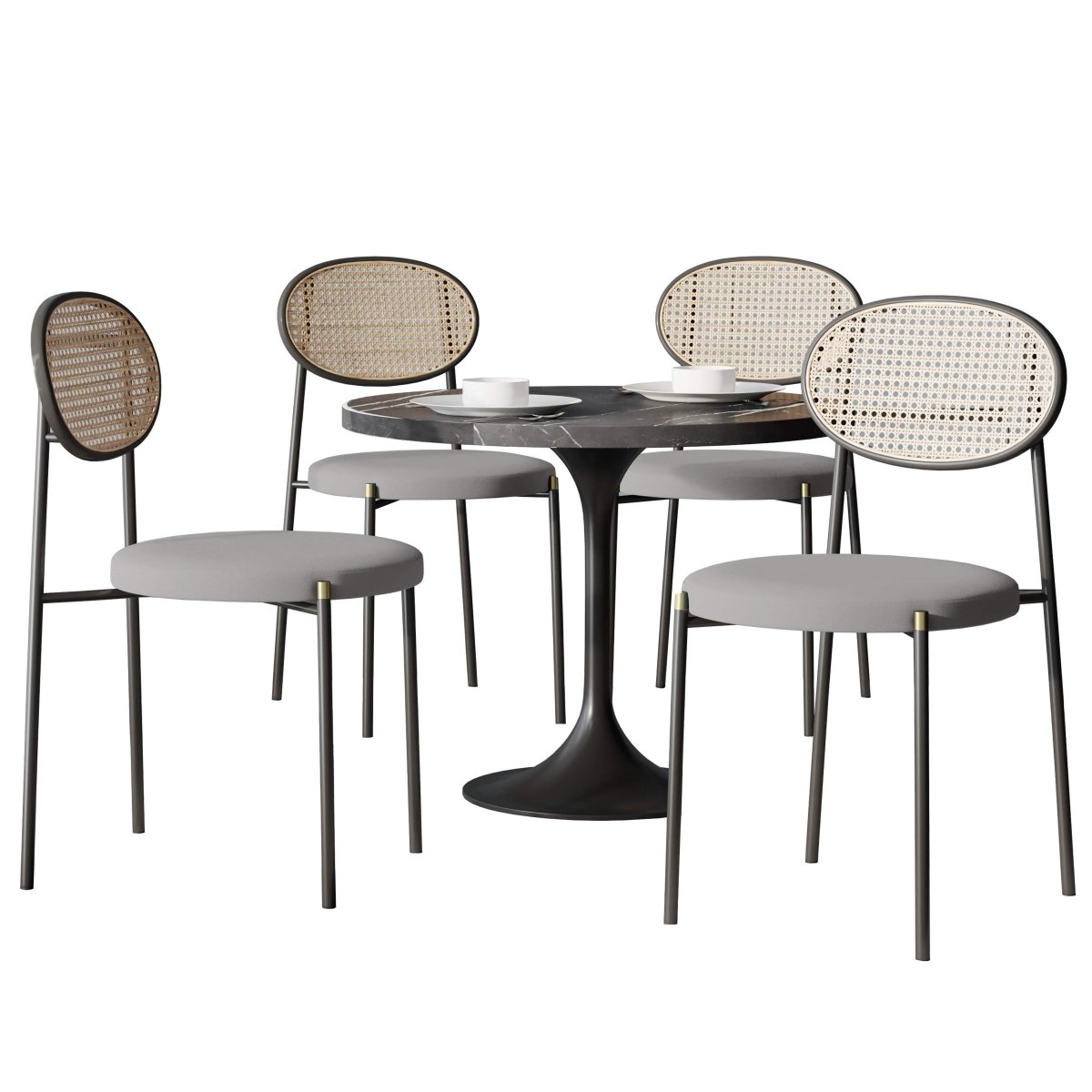 Verve 5 - Piece Dining Set with 36" Round Dining Table Black Sintered Stone Top and Black Pedestal with 4 Velvet Dining Chairs