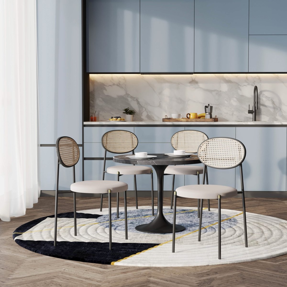 Verve 5 - Piece Dining Set with 36" Round Dining Table Black Sintered Stone Top and Black Pedestal with 4 Velvet Dining Chairs