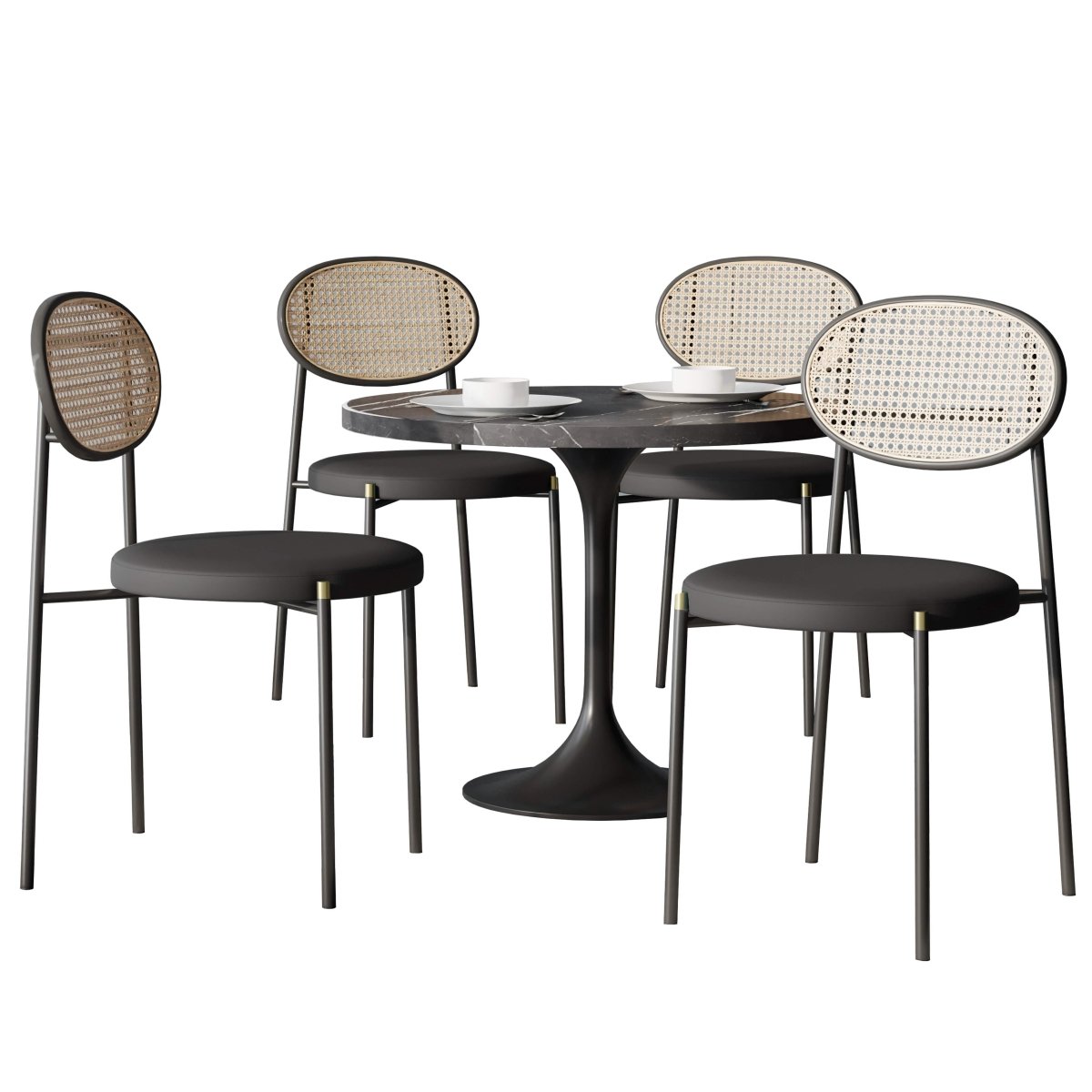 Verve 5 - Piece Dining Set with 36" Round Dining Table Black Sintered Stone Top and Black Pedestal with 4 Velvet Dining Chairs