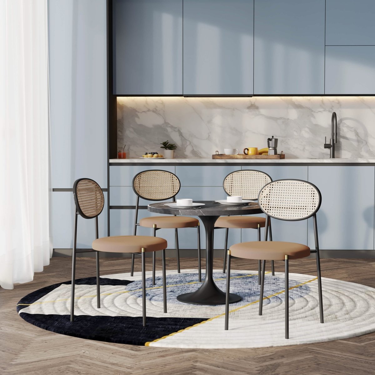 Verve 5 - Piece Dining Set with 36" Round Dining Table Black Sintered Stone Top and Black Pedestal with 4 Velvet Dining Chairs