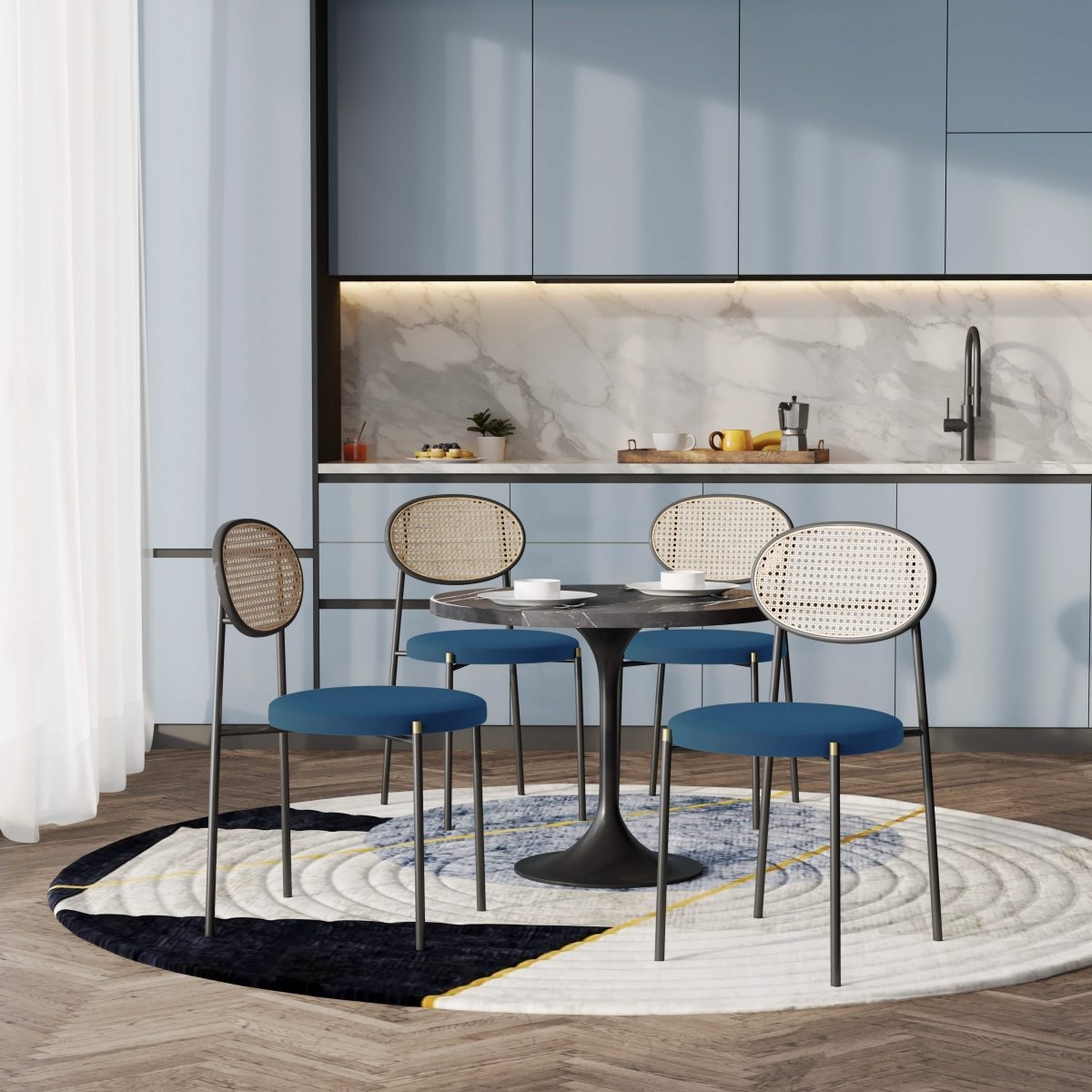 Verve 5 - Piece Dining Set with 36" Round Dining Table Black Sintered Stone Top and Black Pedestal with 4 Velvet Dining Chairs