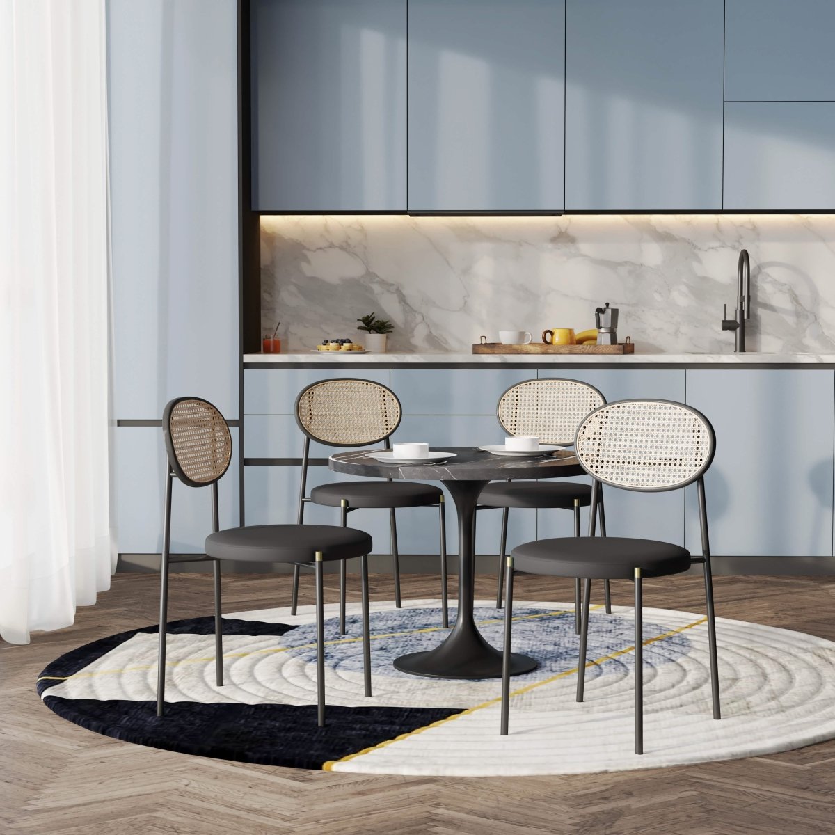 Verve 5 - Piece Dining Set with 36" Round Dining Table Black Sintered Stone Top and Black Pedestal with 4 Velvet Dining Chairs