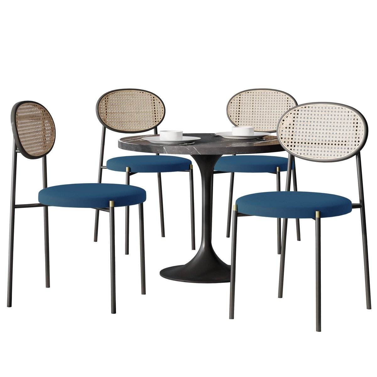 Verve 5 - Piece Dining Set with 36" Round Dining Table Black Sintered Stone Top and Black Pedestal with 4 Velvet Dining Chairs