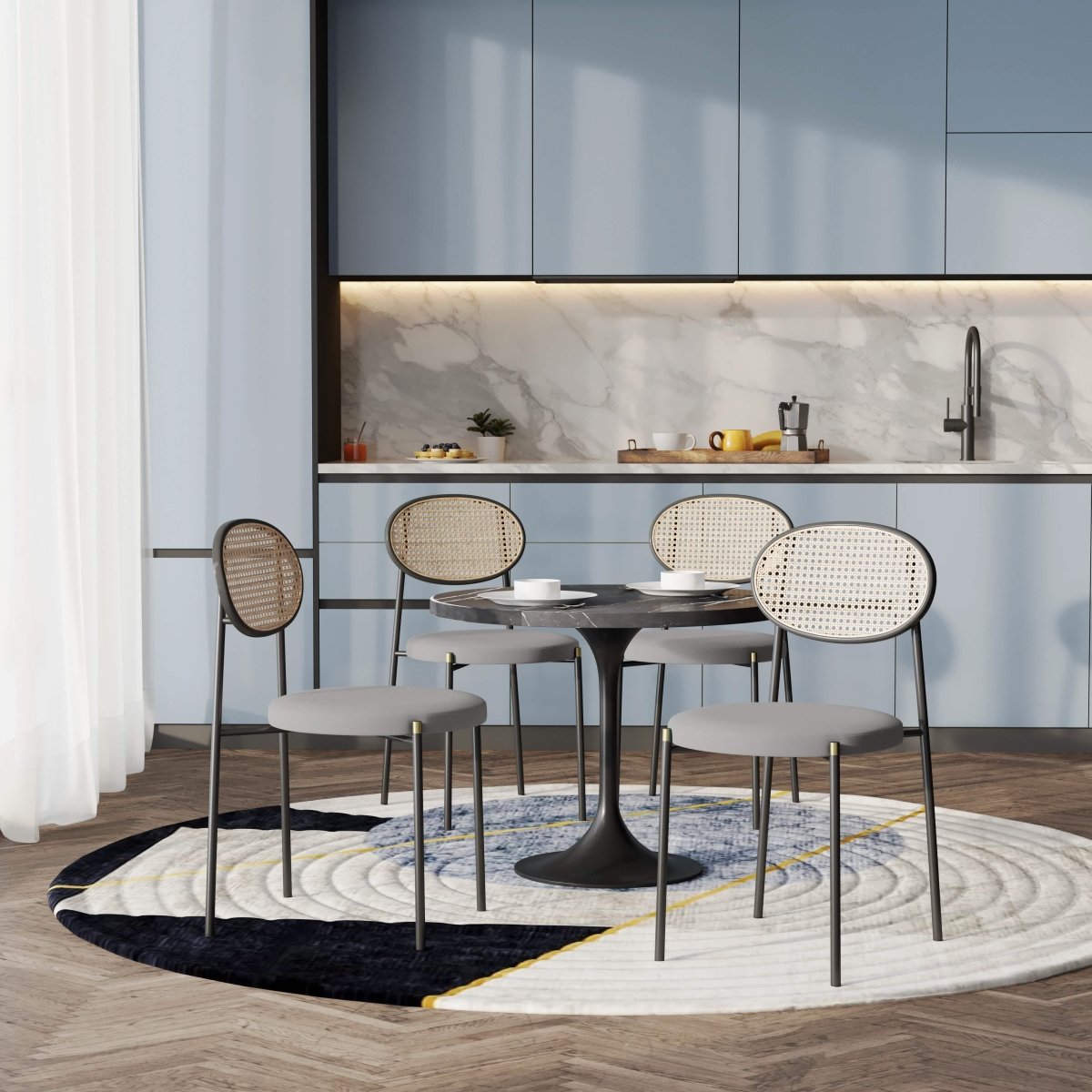 Verve 5 - Piece Dining Set with 36" Round Dining Table Black Sintered Stone Top and Black Pedestal with 4 Velvet Dining Chairs
