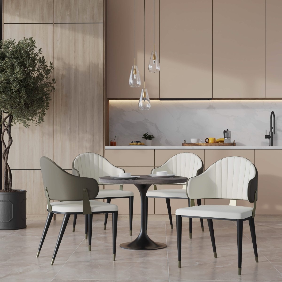 Verve 5 - Piece Dining Set with 36" Round Resin Top Table and 4 Leather Dining Chair
