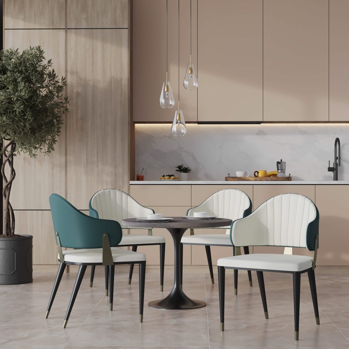 Verve 5 - Piece Dining Set with 36" Round Resin Top Table and 4 Leather Dining Chair