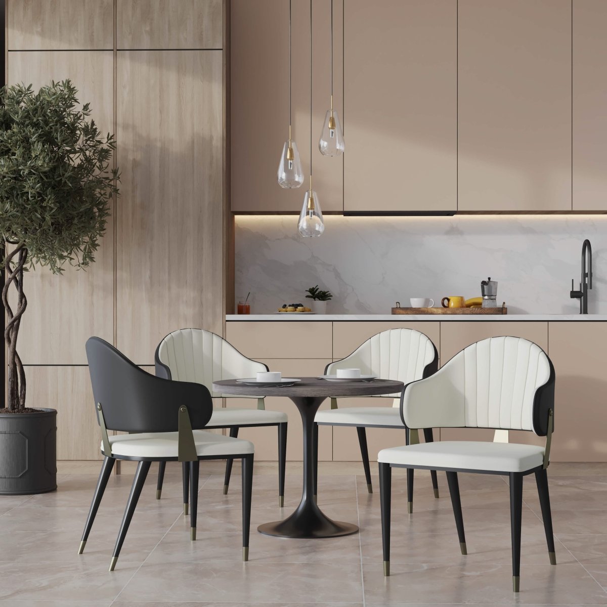 Verve 5 - Piece Dining Set with 36" Round Resin Top Table and 4 Leather Dining Chair