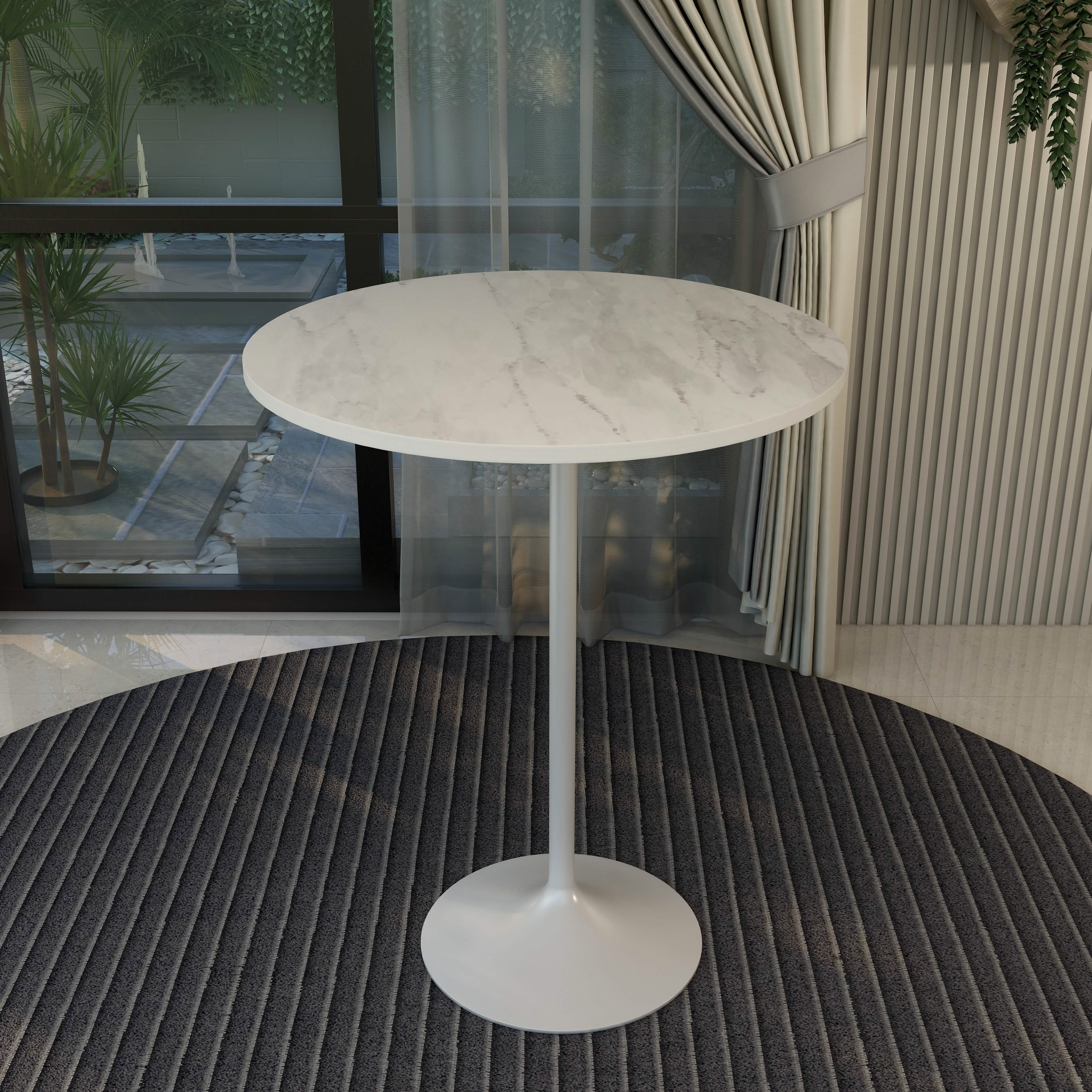 Verve Bar Height Dining Table with Round MDF/Sintered Stone/Resin Top and White Stainless Steel Pedestal Base