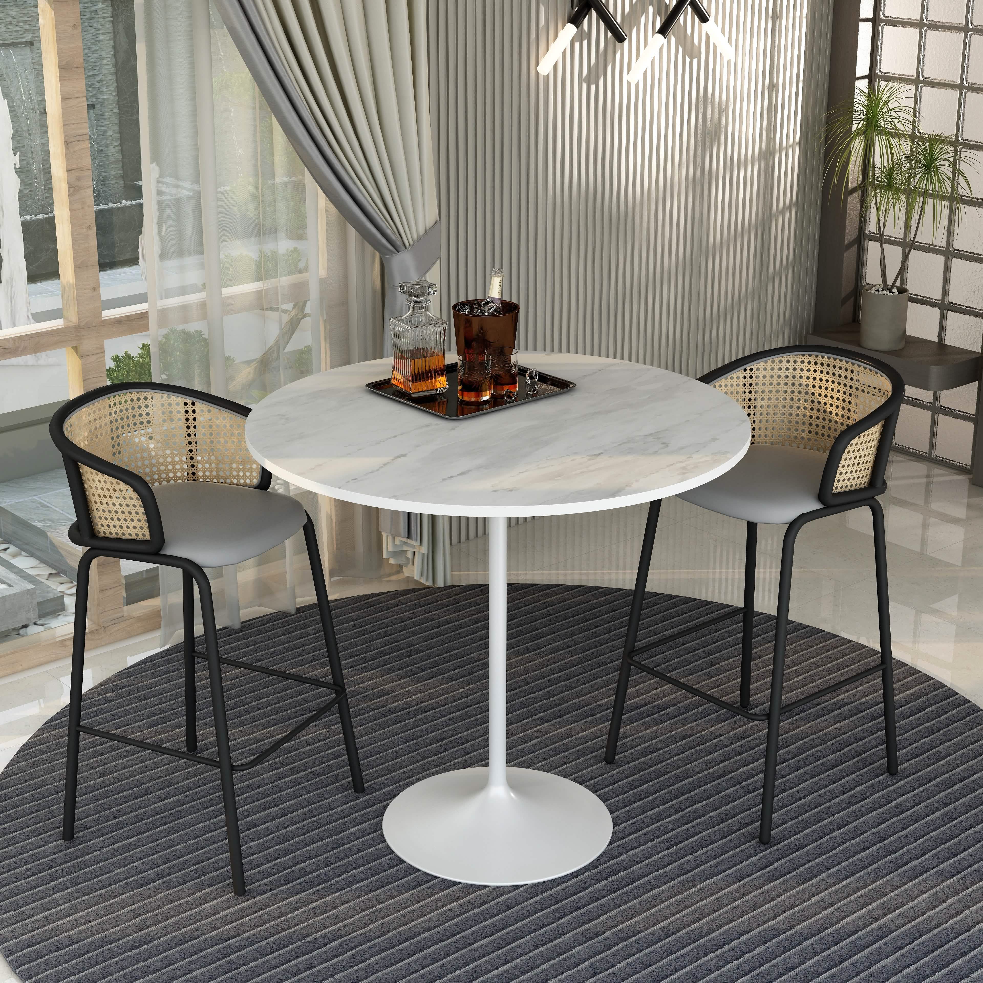 Verve Bar Height Dining Table with Round MDF/Sintered Stone/Resin Top and White Stainless Steel Pedestal Base