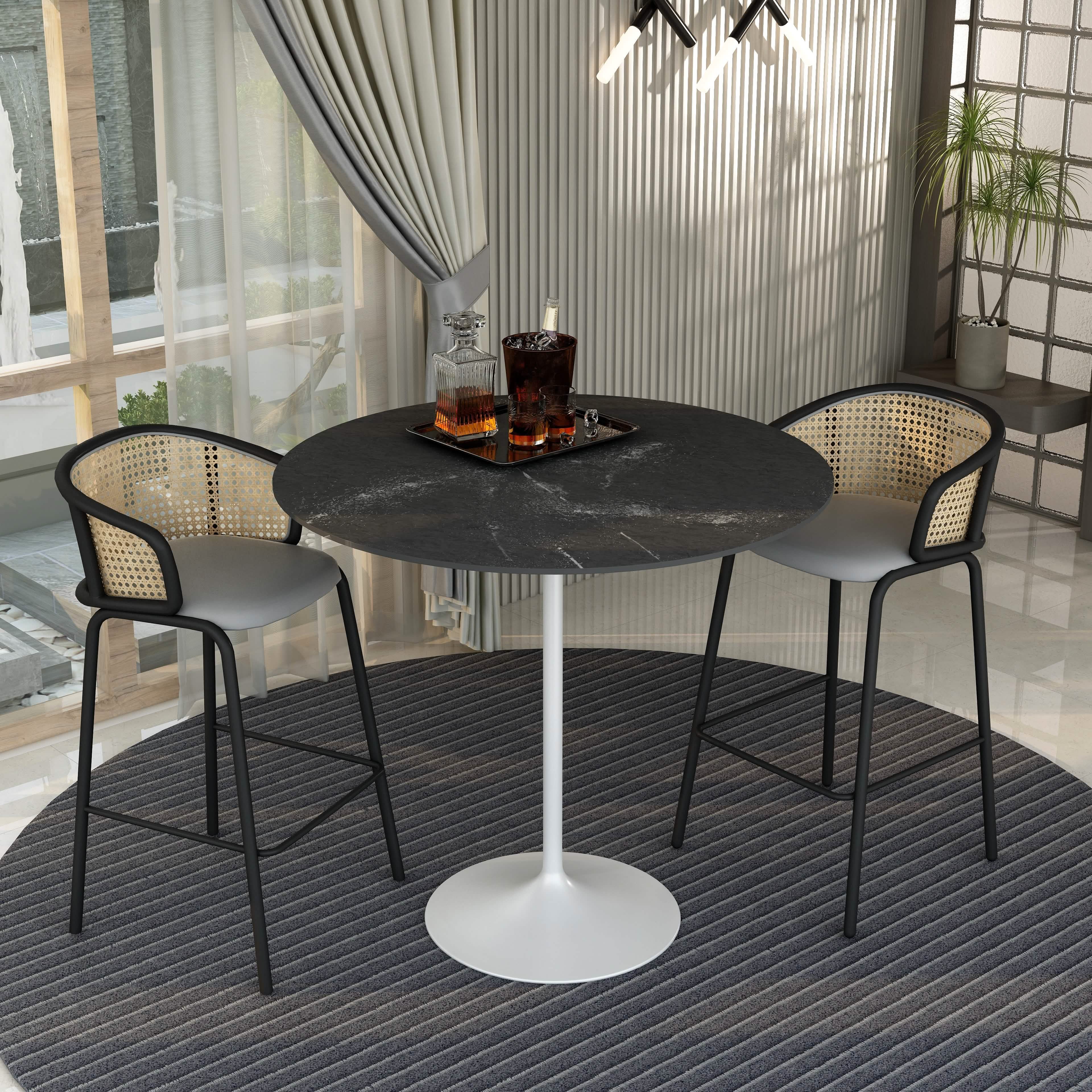 Verve Bar Height Dining Table with Round MDF/Sintered Stone/Resin Top and White Stainless Steel Pedestal Base