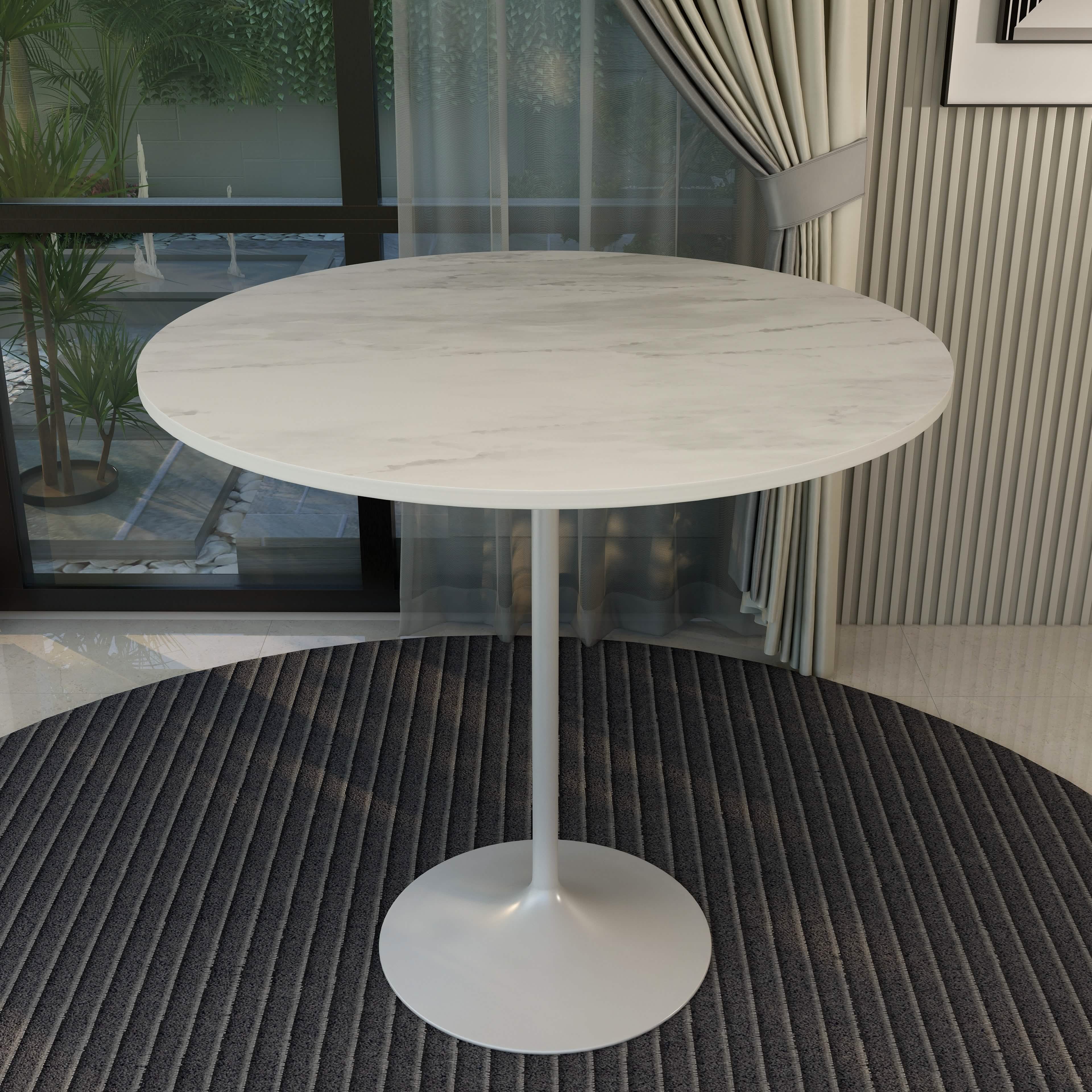 Verve Bar Height Dining Table with Round MDF/Sintered Stone/Resin Top and White Stainless Steel Pedestal Base