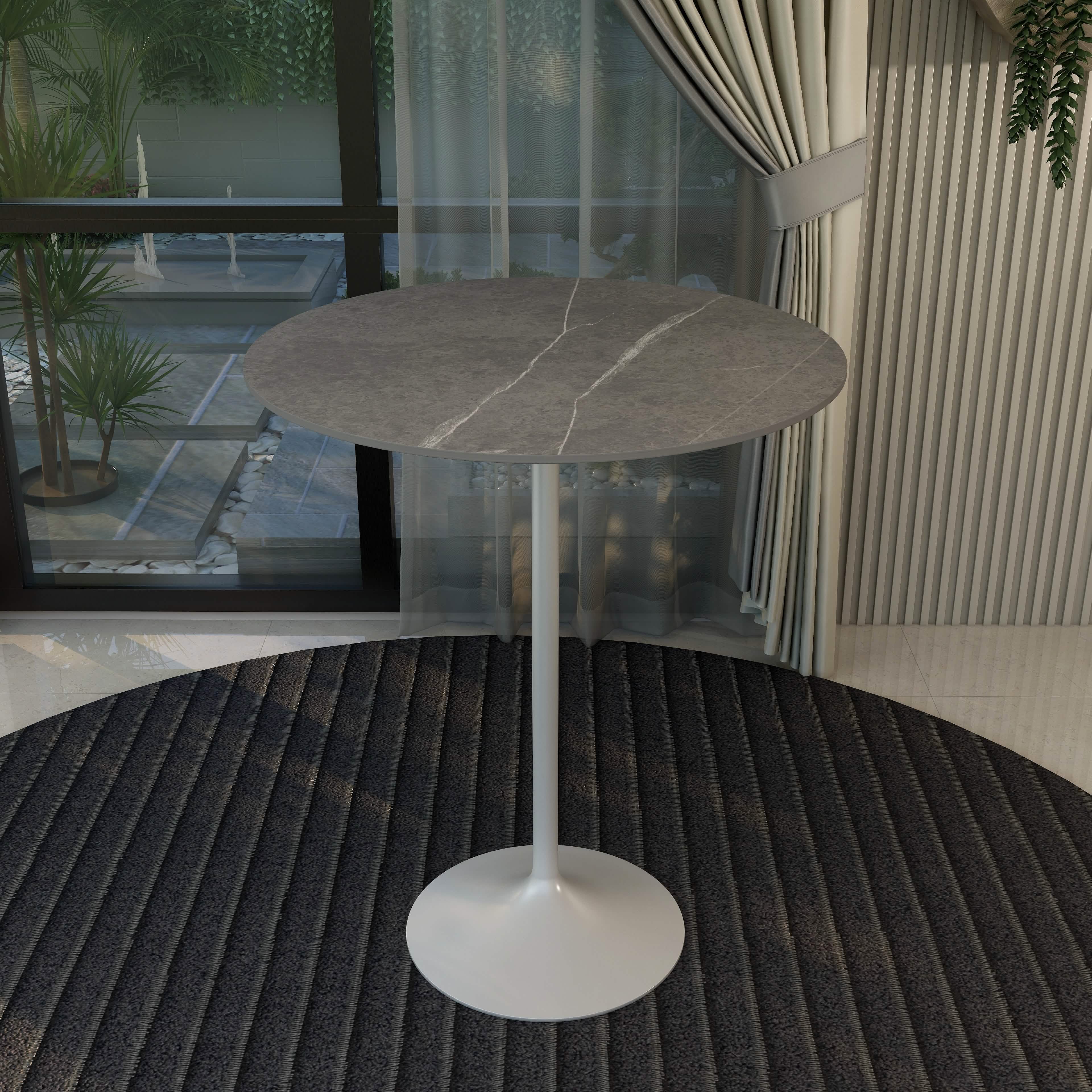 Verve Bar Height Dining Table with Round MDF/Sintered Stone/Resin Top and White Stainless Steel Pedestal Base