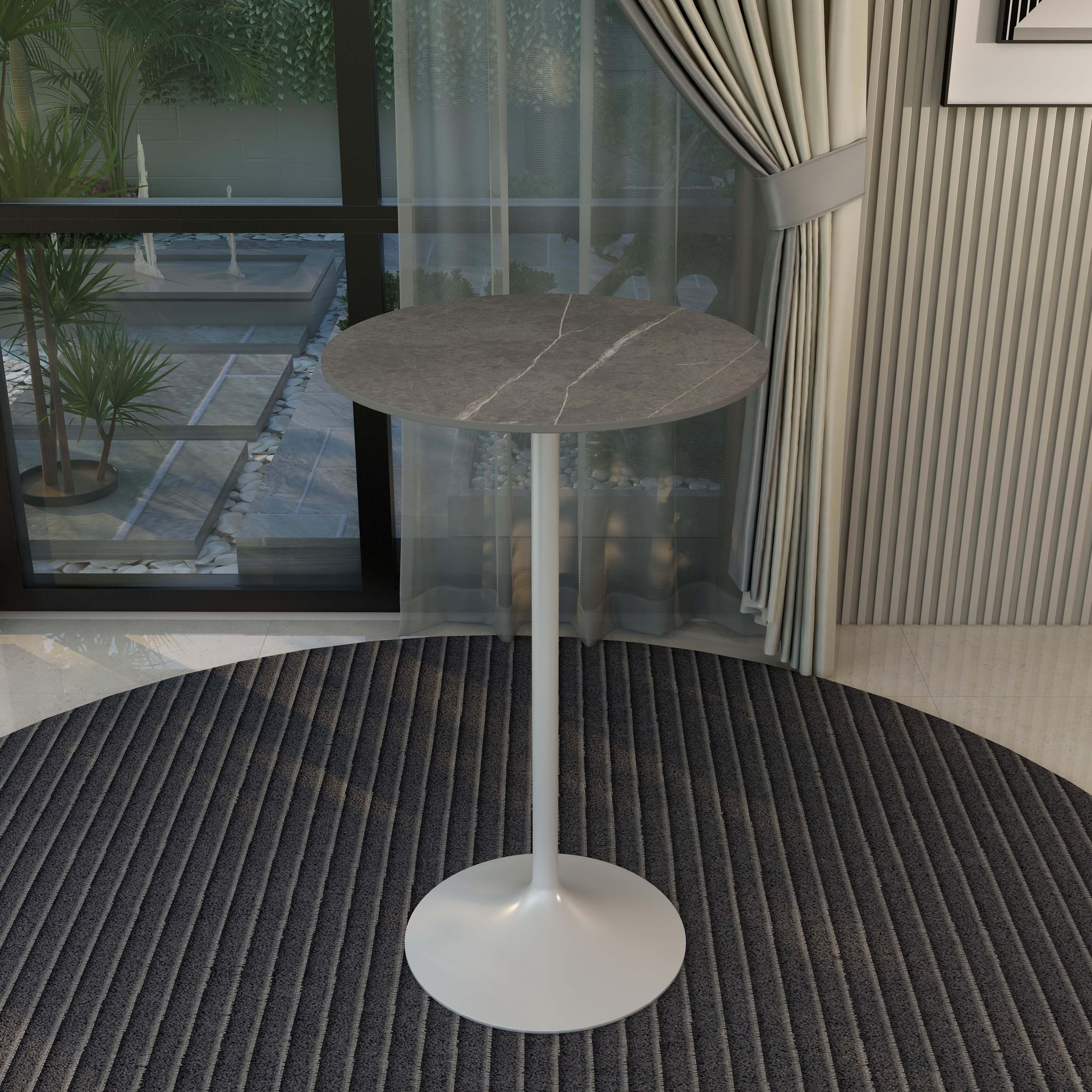 Verve Bar Height Dining Table with Round MDF/Sintered Stone/Resin Top and White Stainless Steel Pedestal Base