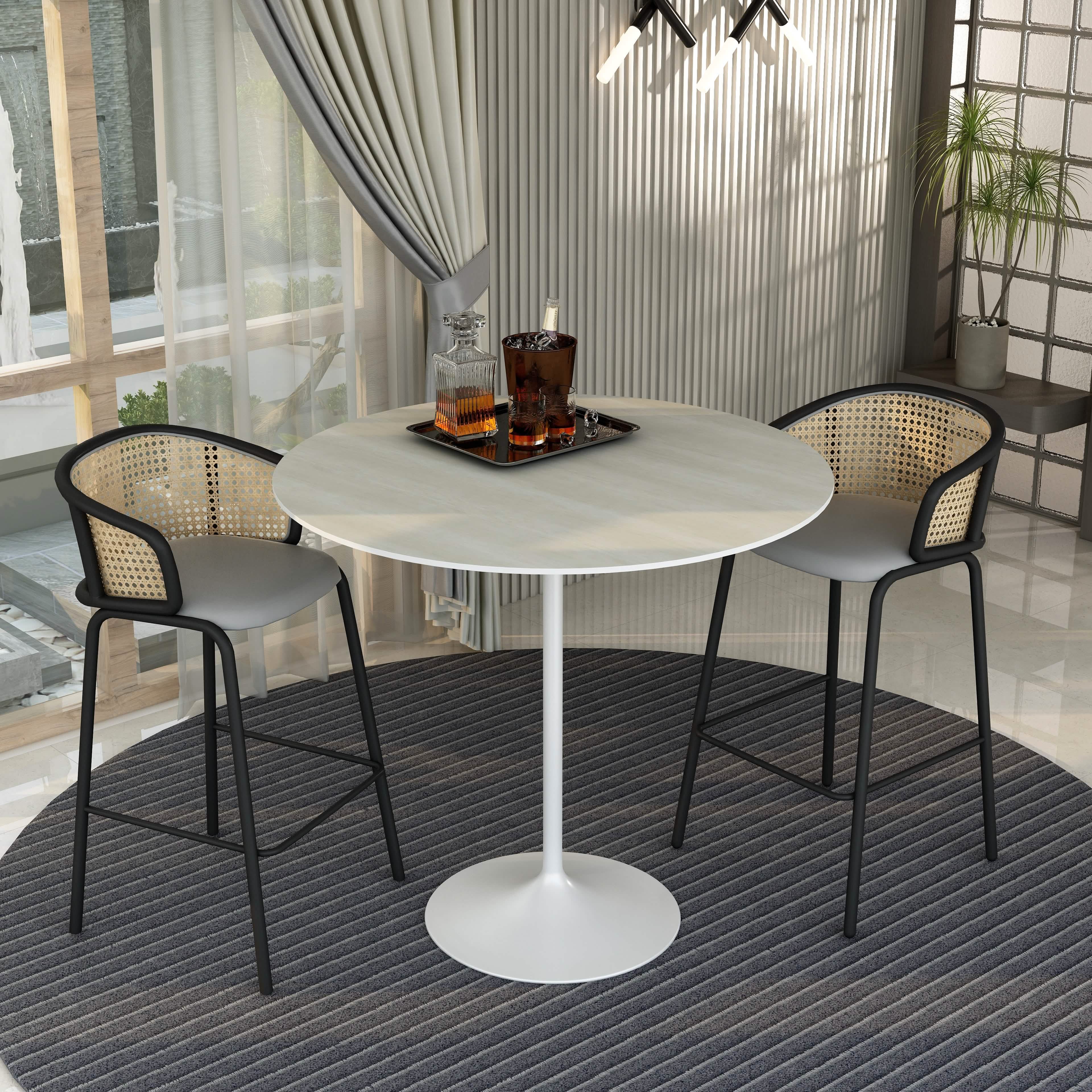 Verve Bar Height Dining Table with Round MDF/Sintered Stone/Resin Top and White Stainless Steel Pedestal Base
