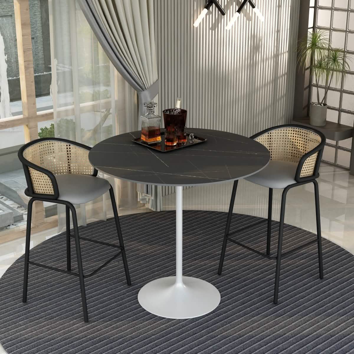 Verve Bar Height Dining Table with Round MDF/Sintered Stone/Resin Top and White Stainless Steel Pedestal Base