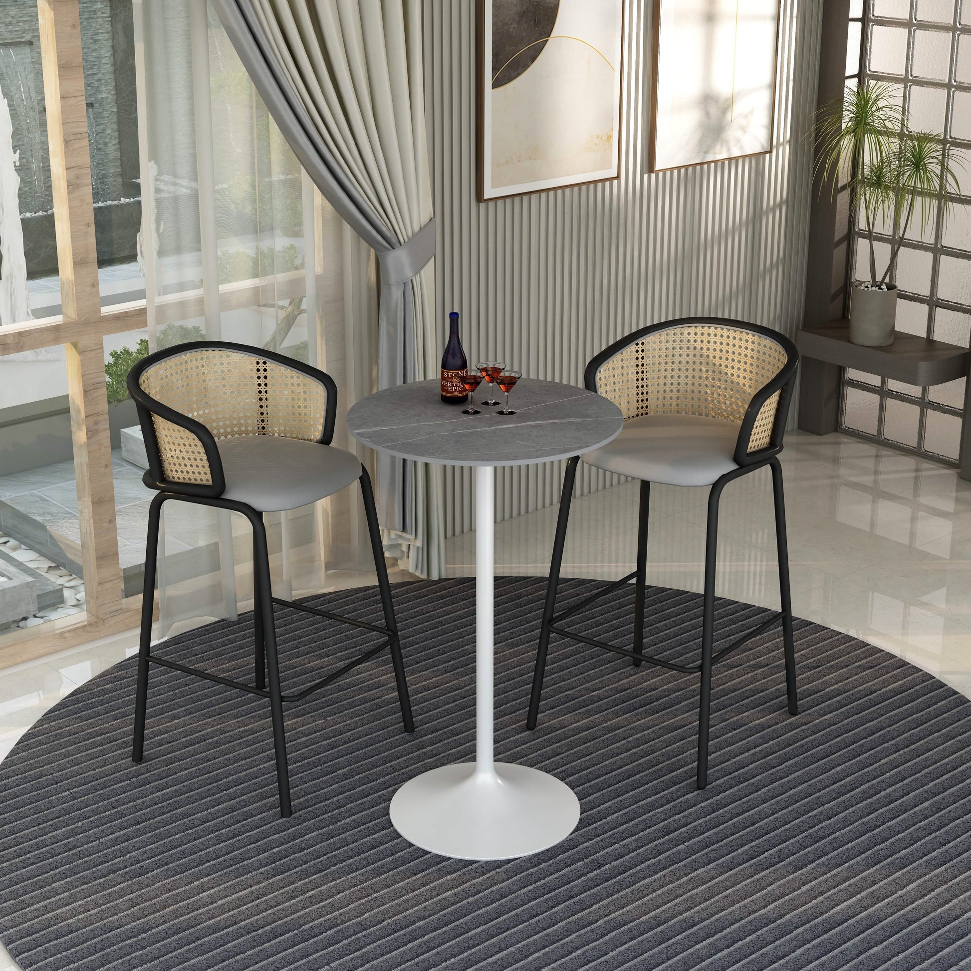 Verve Bar Height Dining Table with Round MDF/Sintered Stone/Resin Top and White Stainless Steel Pedestal Base