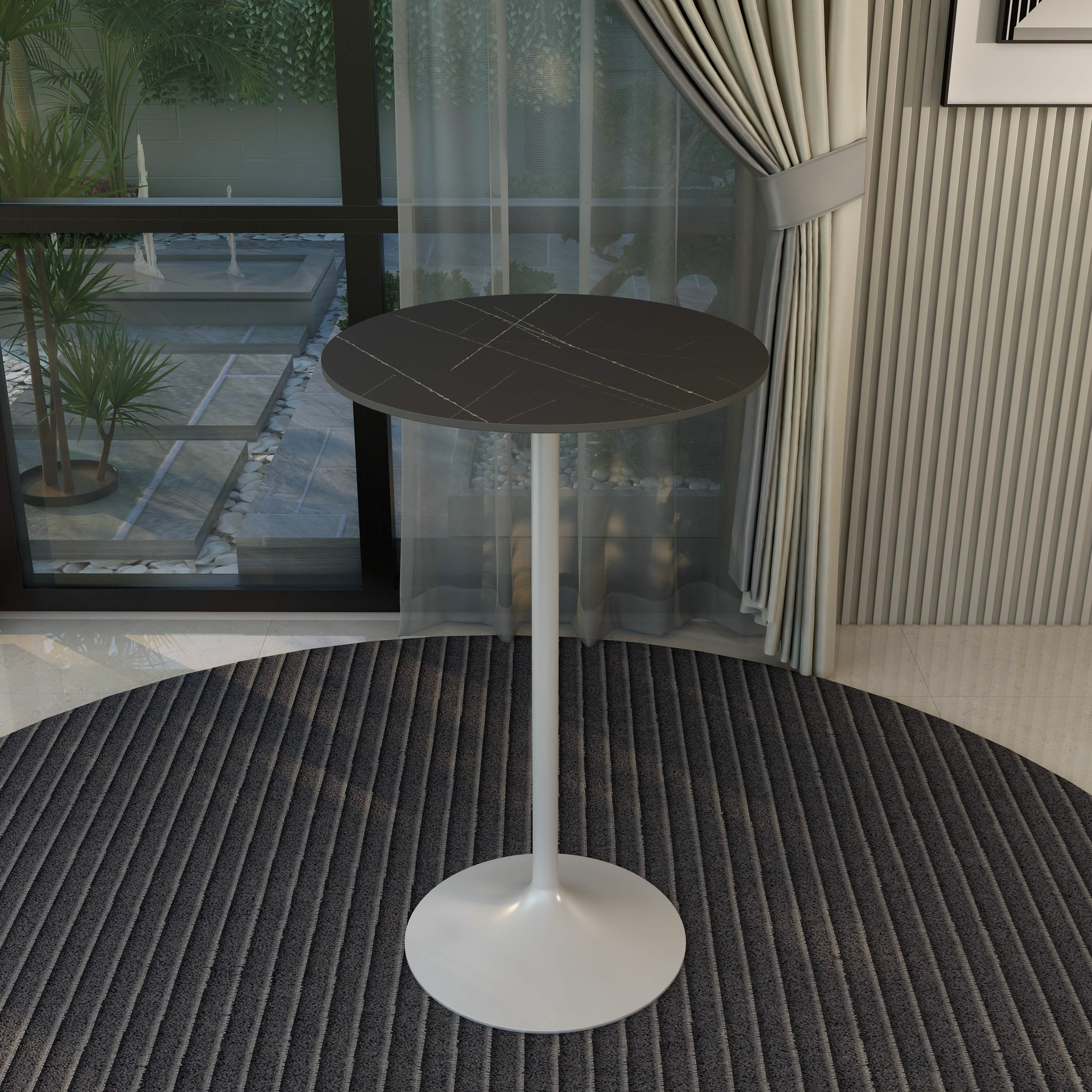 Verve Bar Height Dining Table with Round MDF/Sintered Stone/Resin Top and White Stainless Steel Pedestal Base