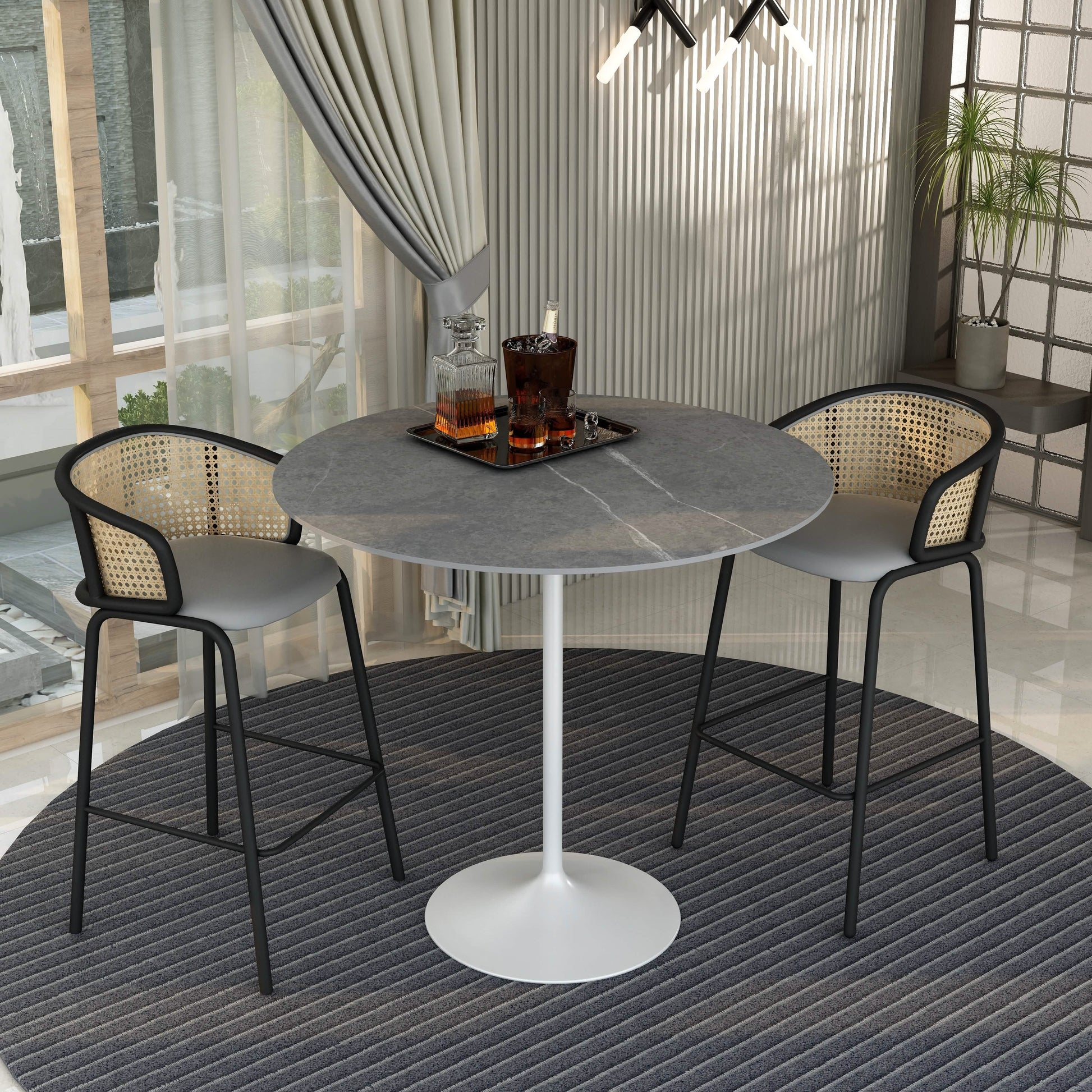 Verve Bar Height Dining Table with Round MDF/Sintered Stone/Resin Top and White Stainless Steel Pedestal Base