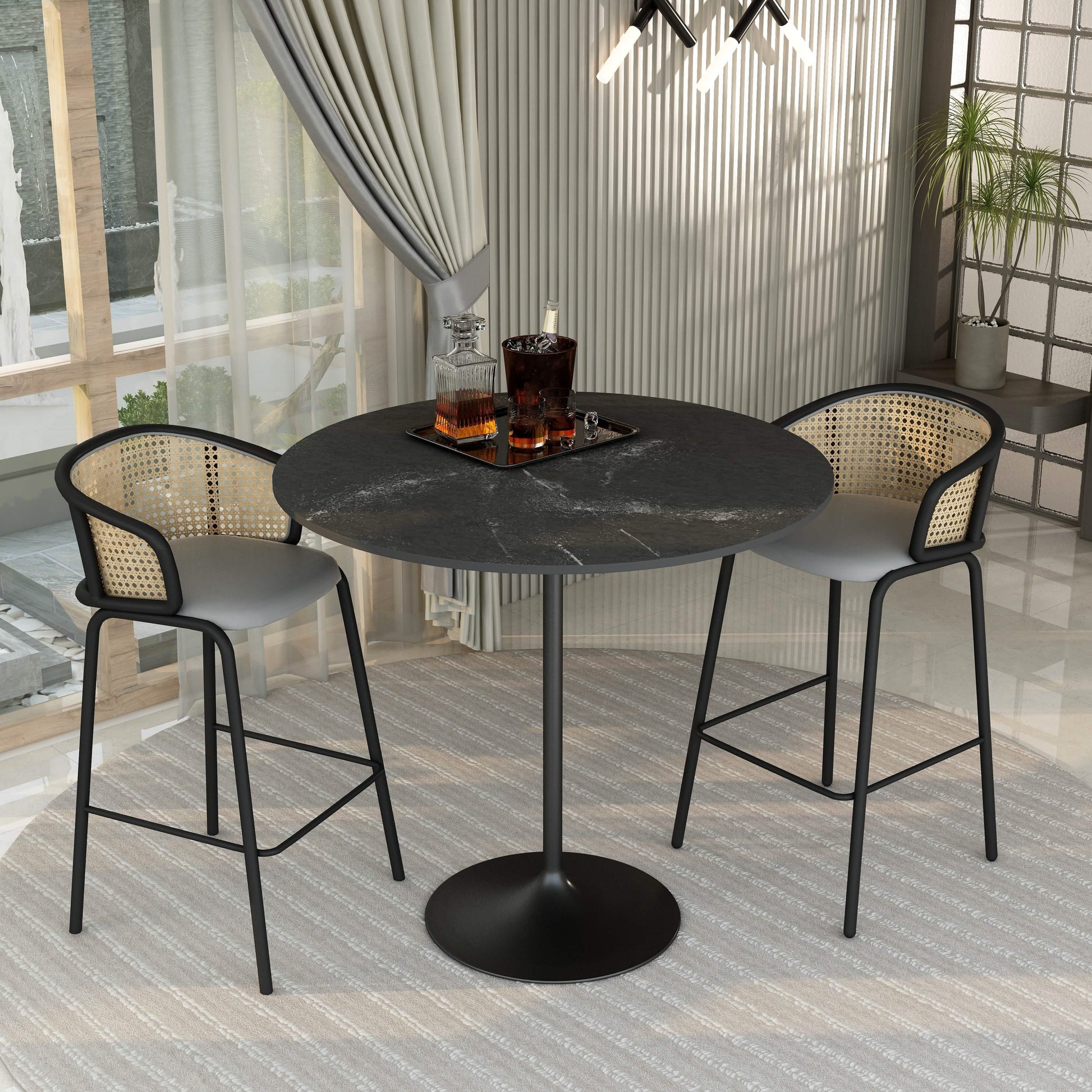 Verve Bar Height Dining Table with Round MDF/Sintered Stone/Resin Top & Black Stainless Steel Base