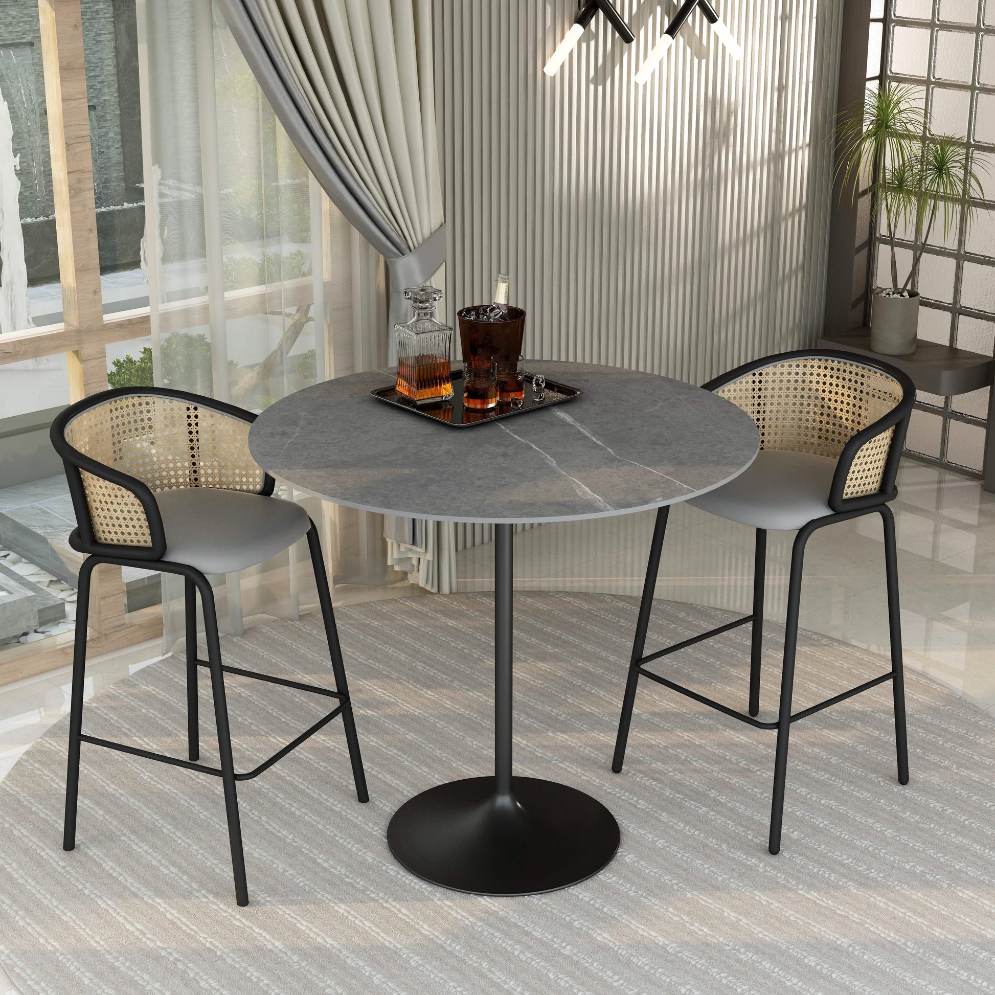 Verve Bar Height Dining Table with Round MDF/Sintered Stone/Resin Top & Black Stainless Steel Base